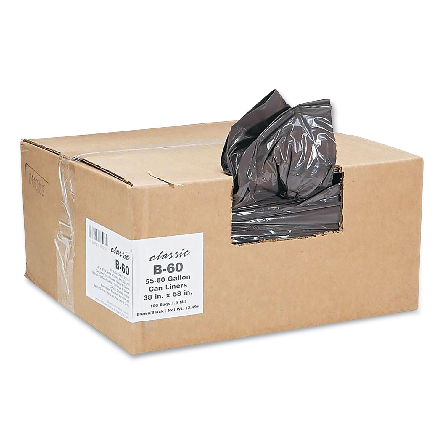 Linear Low-Density Can Liners, 60 gal, 0.9 mil, 38" x 58", Black, 10 Bags/Roll, 10 Rolls/Carton