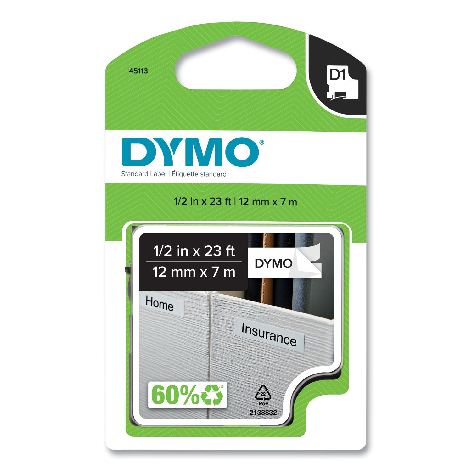 D1 High-Performance Polyester Removable Label Tape, 0.5" x 23 ft, Black on White