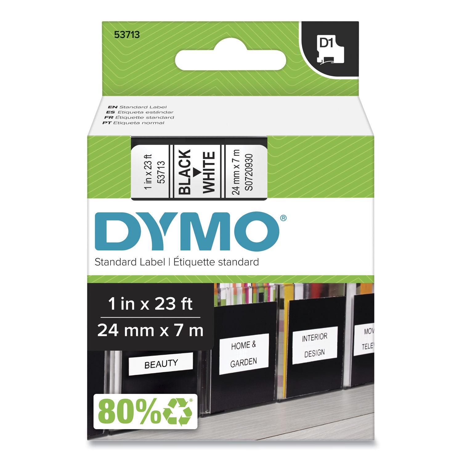 D1 High-Performance Polyester Removable Label Tape, 1" x 23 ft, Black on White