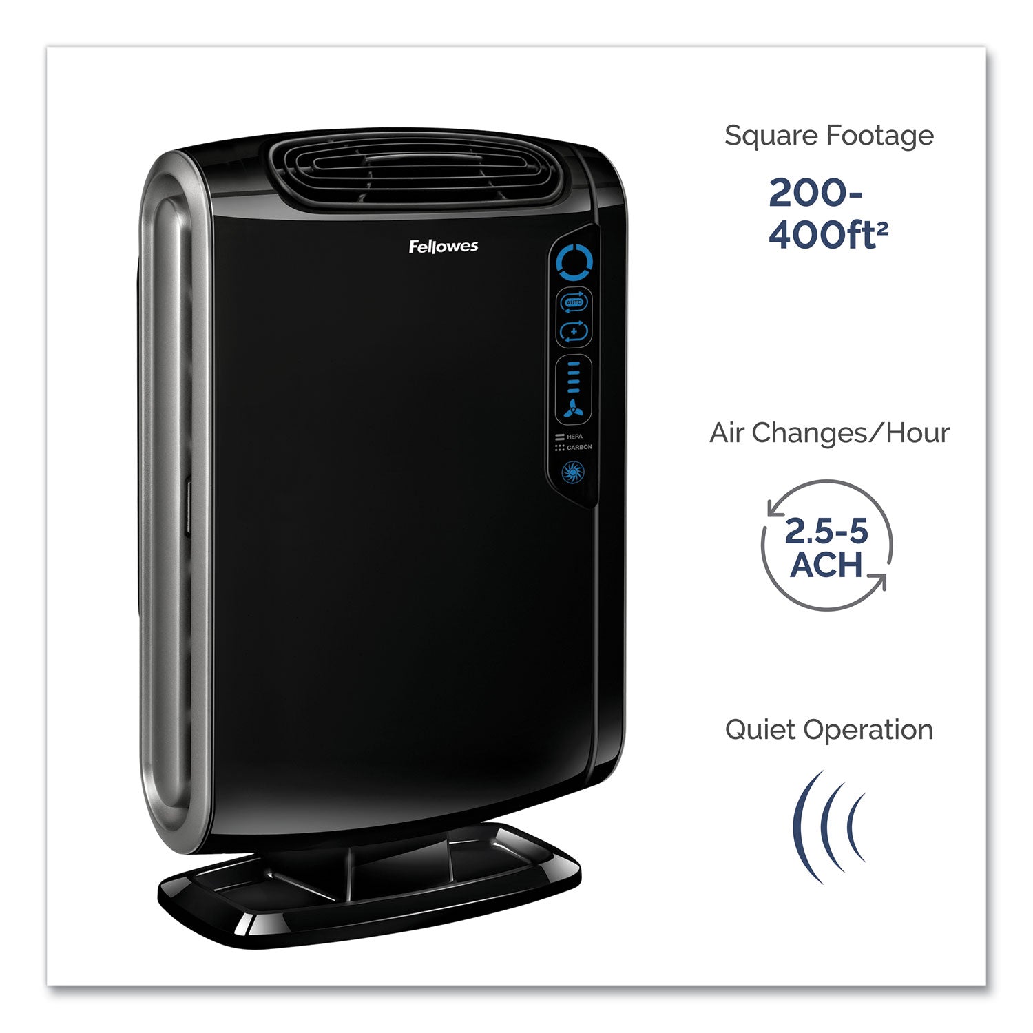 Fellowes® HEPA and Carbon Filtration Air Purifiers, 200 to 400 sq ft Room Capacity, Black