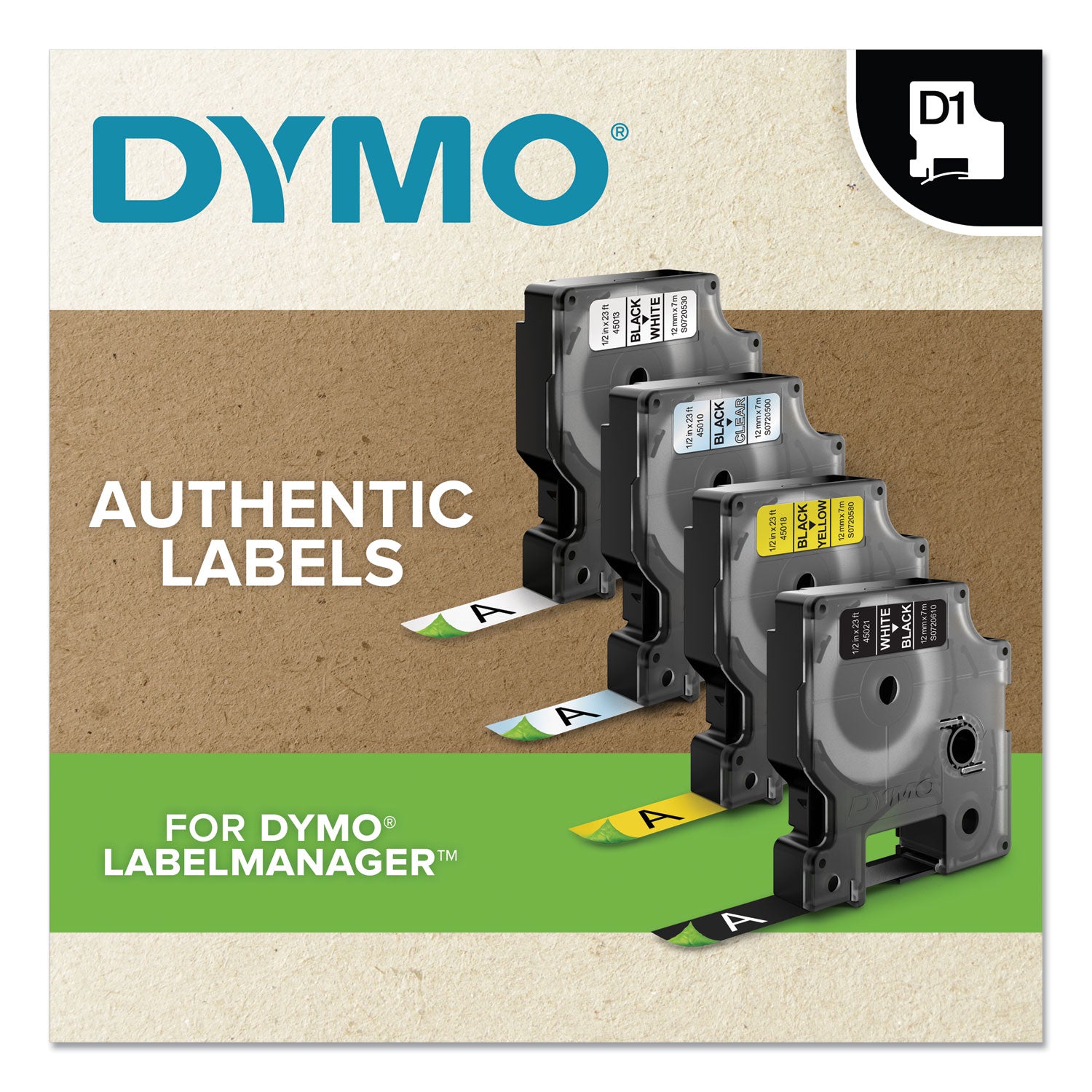 DYMO® D1 Standard Labels, 0.5" x 23 ft, Black Print on White Tape, 6/Pack