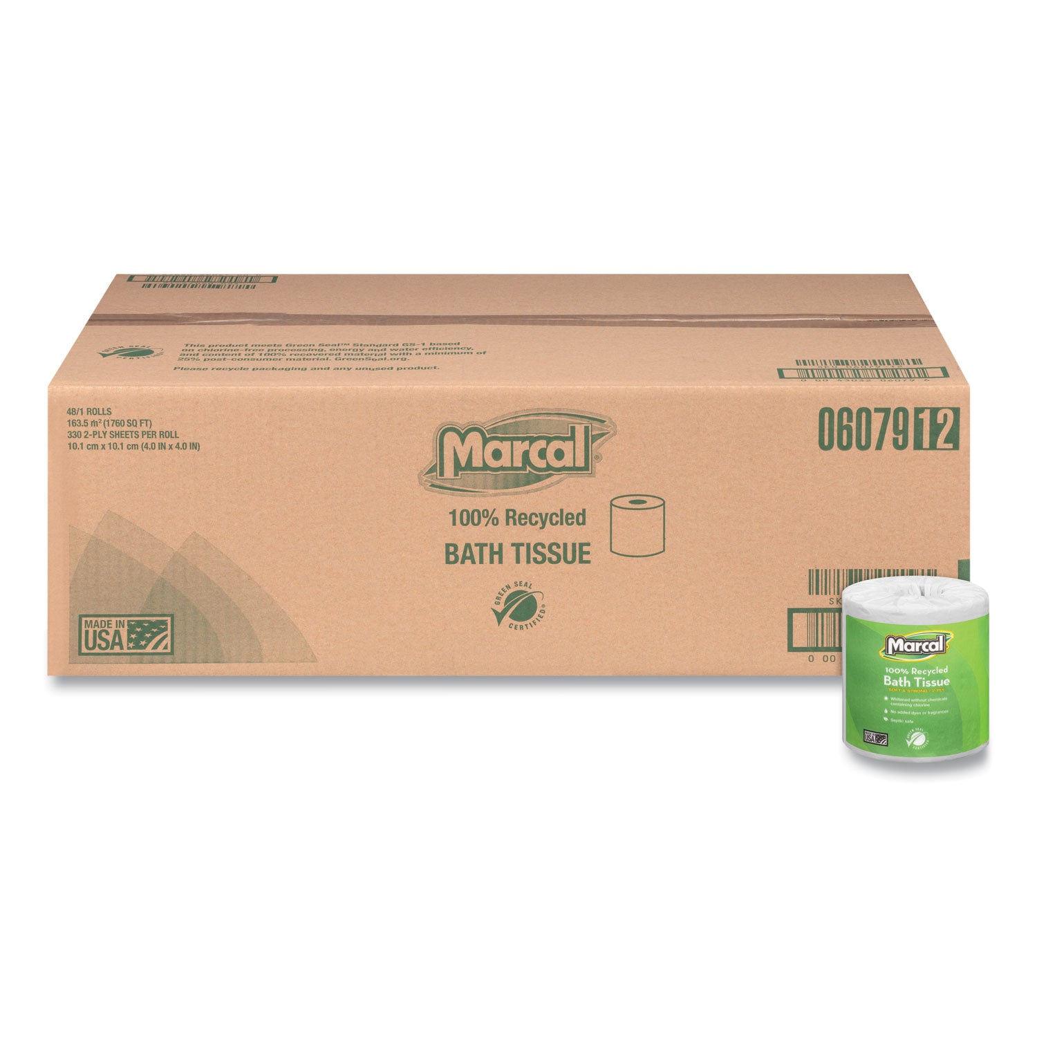 Marcal® 100% Recycled 2-Ply Bath Tissue, Septic Safe, Individually Wrapped Rolls, White, 330 Sheets/Roll, 48 Rolls/Carton