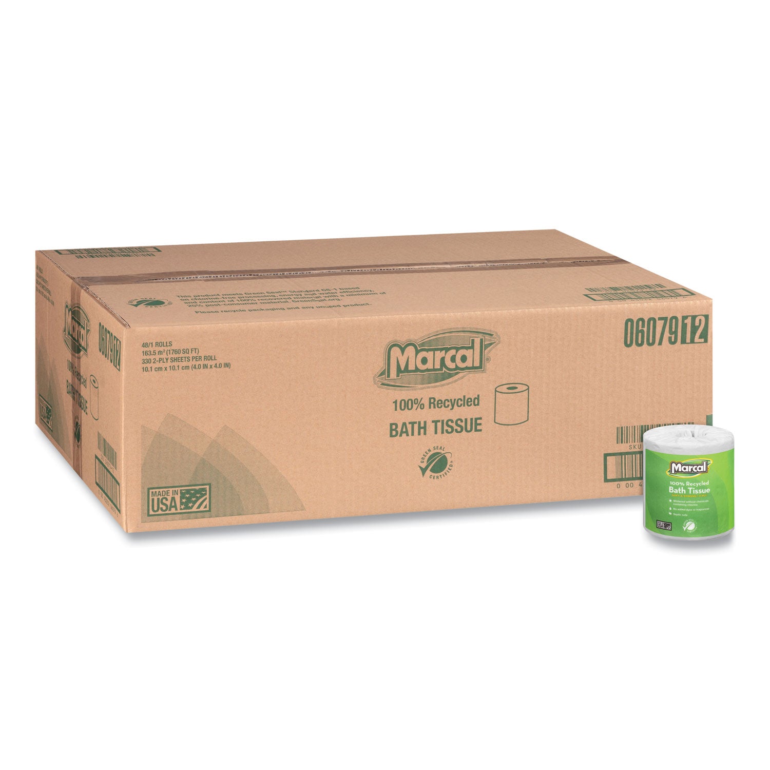 Marcal® 100% Recycled 2-Ply Bath Tissue, Septic Safe, Individually Wrapped Rolls, White, 330 Sheets/Roll, 48 Rolls/Carton