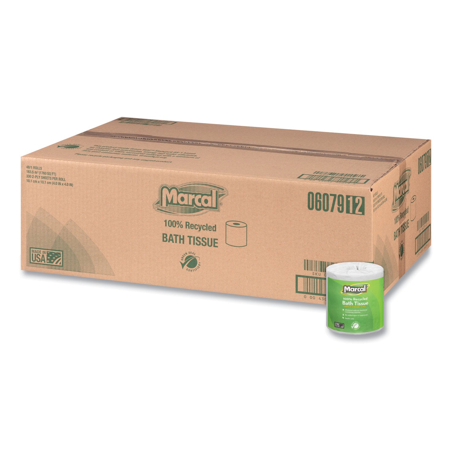 Marcal® 100% Recycled 2-Ply Bath Tissue, Septic Safe, Individually Wrapped Rolls, White, 330 Sheets/Roll, 48 Rolls/Carton