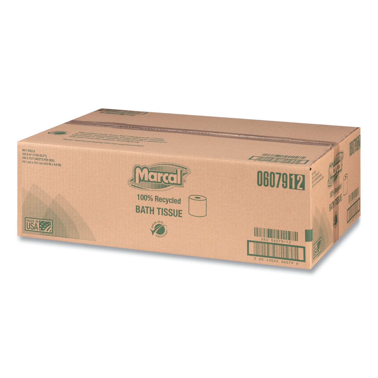 Marcal® 100% Recycled 2-Ply Bath Tissue, Septic Safe, Individually Wrapped Rolls, White, 330 Sheets/Roll, 48 Rolls/Carton