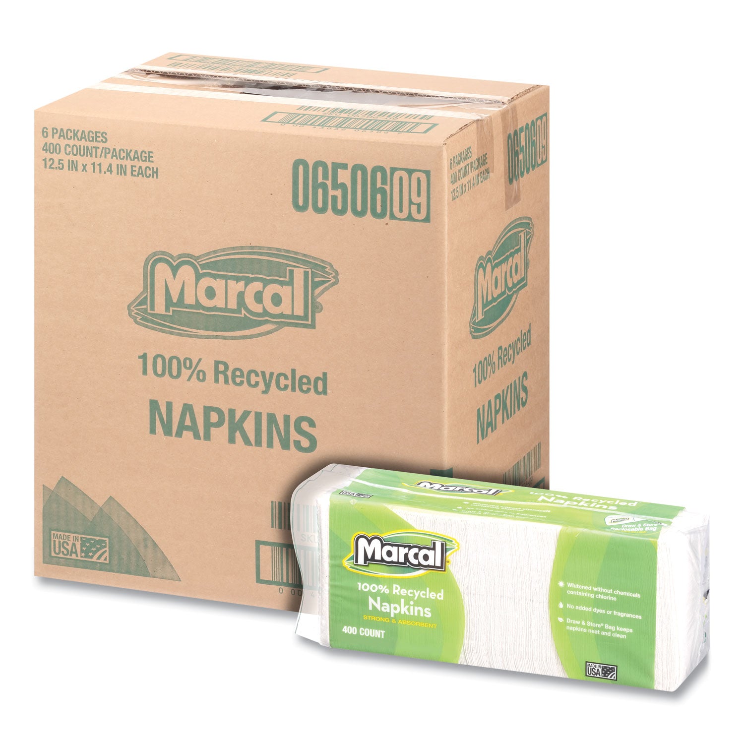 Marcal® 100% Recycled Lunch Napkins, 1-Ply, 11.4 x 12.5, White, 400/Pack