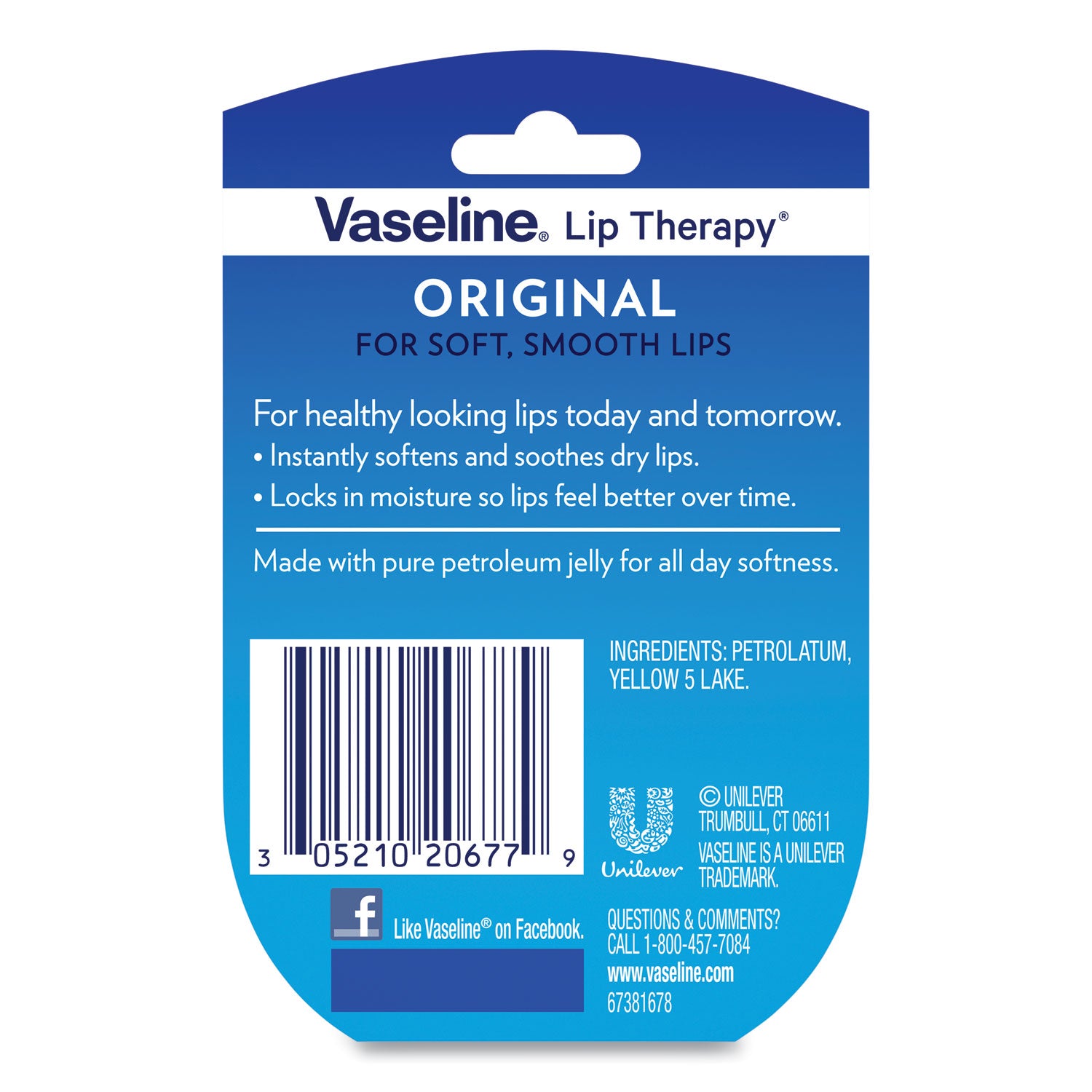 Vaseline® Lip Therapy, Original, 0.25 oz, Plastic Flip-Top Container