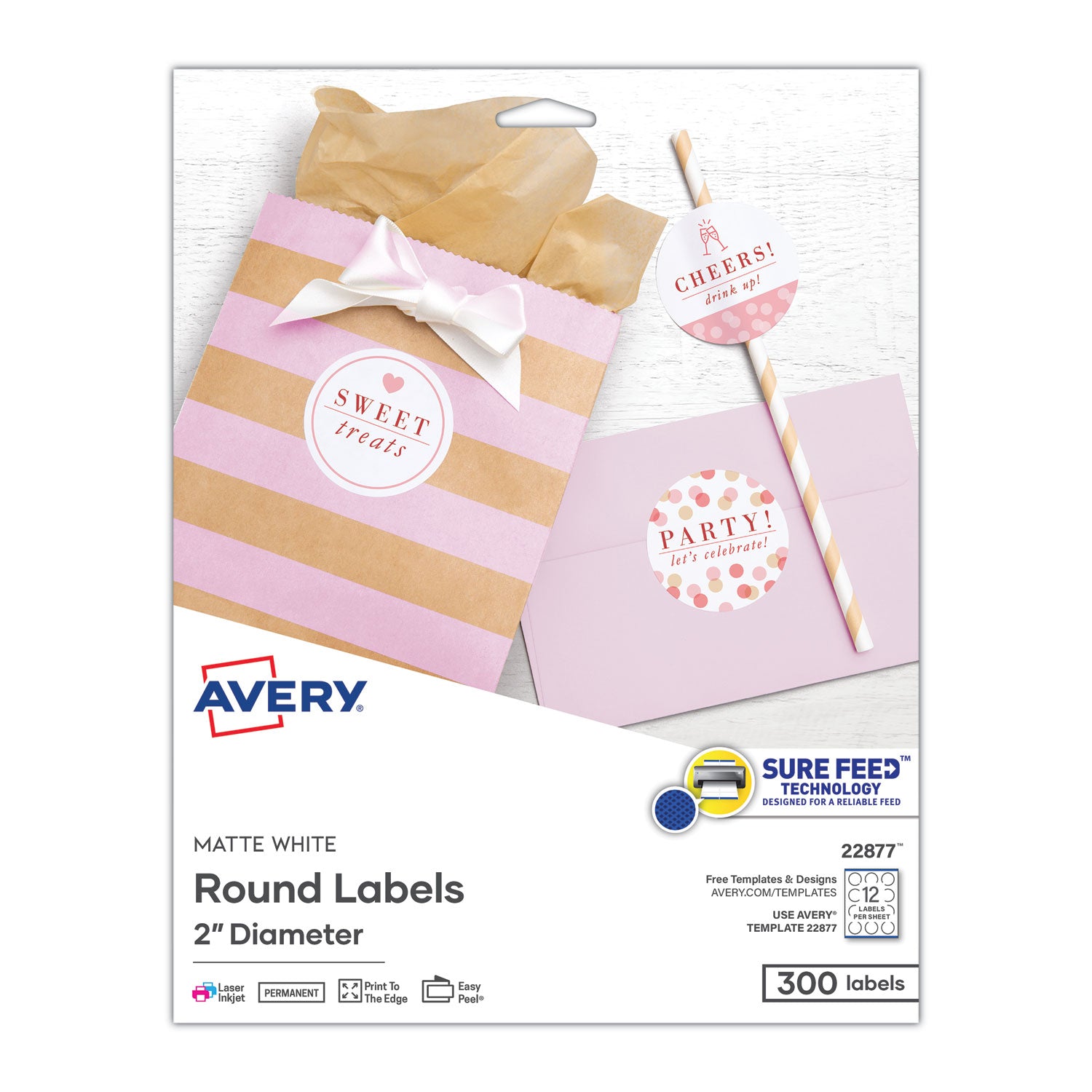 Round Print-to-the Edge Labels with SureFeed and EasyPeel, 2" dia, Matte White, 300/Pack