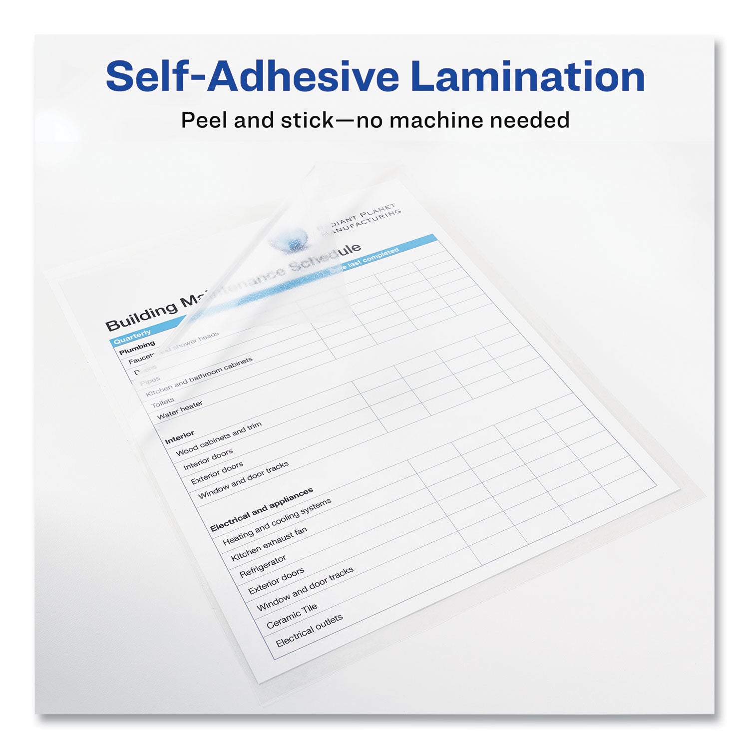 Avery® Clear Self-Adhesive Laminating Sheets, 3 mil, 9" x 12", Matte Clear, 10/Pack