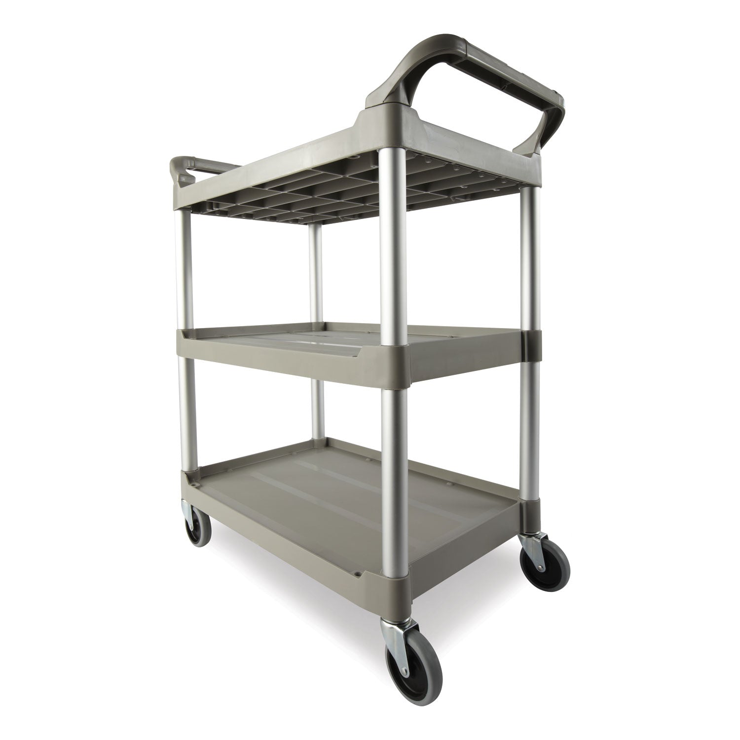 Rubbermaid® Commercial Three-Shelf Service Cart, Plastic, 3 Shelves, 200 lb Capacity, 18.63" x 33.63" x 37.75", Platinum