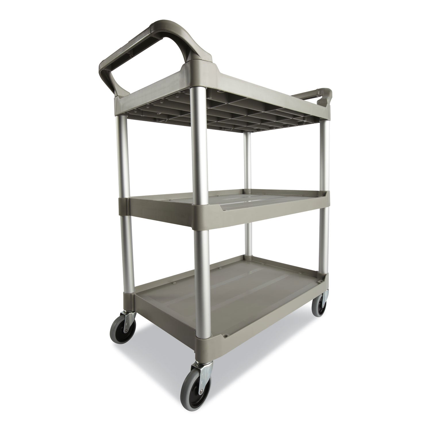 Rubbermaid® Commercial Three-Shelf Service Cart, Plastic, 3 Shelves, 200 lb Capacity, 18.63" x 33.63" x 37.75", Platinum