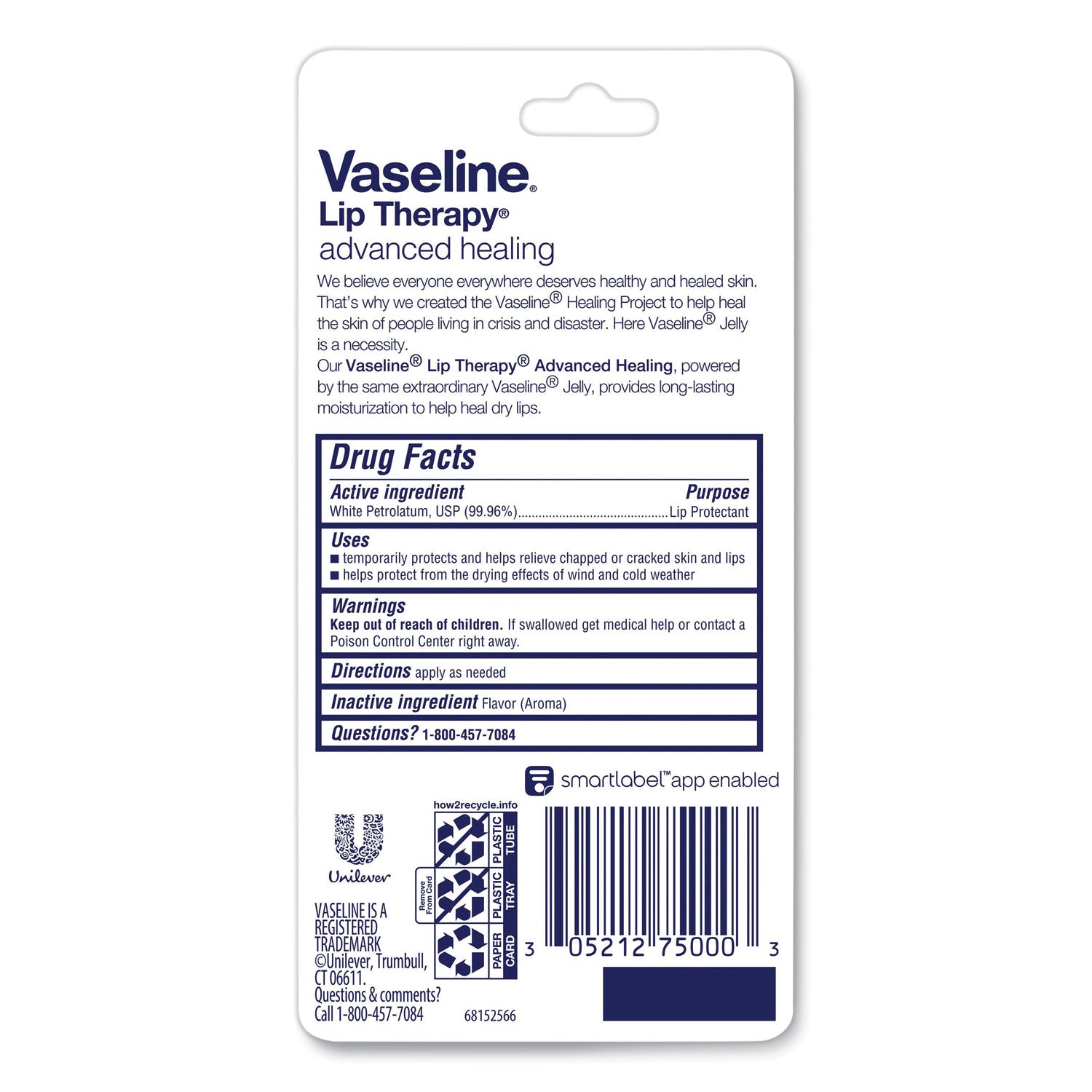 Vaseline® Lip Therapy Advanced Lip Balm, Original, 0.35 oz Tube, 72/Carton