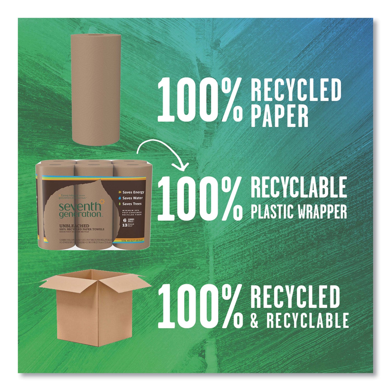 Seventh Generation® Natural Unbleached 100% Recycled Paper Kitchen Towel Rolls, 2-Ply, Individually Wrapped, 11 x 9, 120/Roll, 30 Rolls/Carton