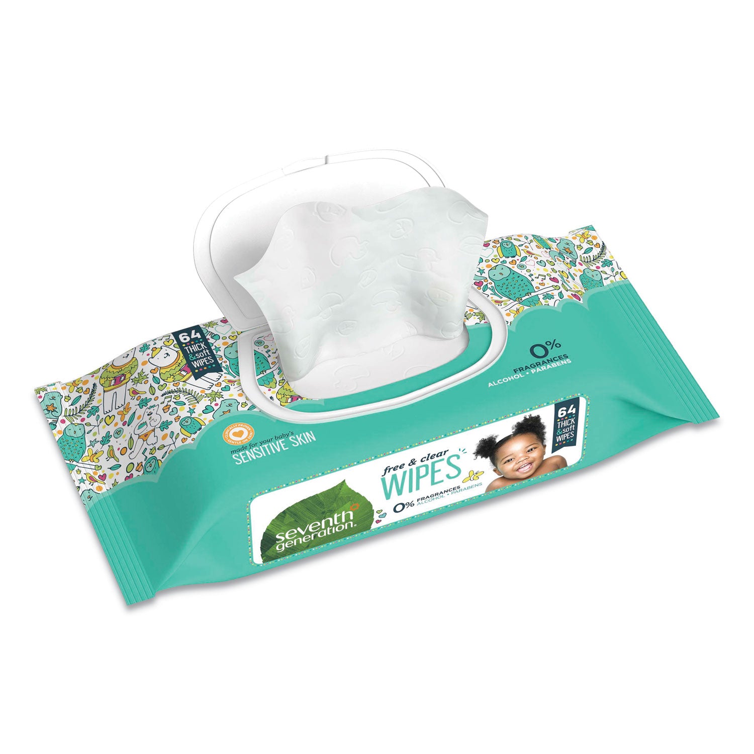 Seventh Generation® Free and Clear Baby Wipes, 7 x 7, Unscented, White, 64/Flip Top Pack, 12 Packs/Carton