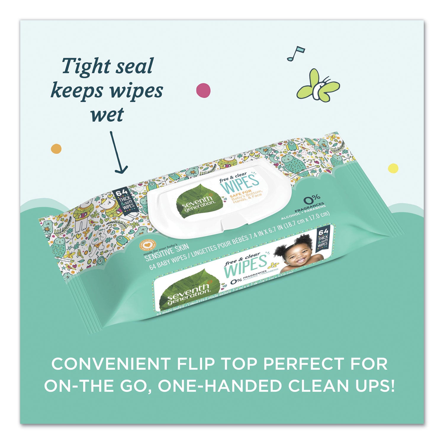 Seventh Generation® Free and Clear Baby Wipes, 7 x 7, Unscented, White, 64/Flip Top Pack, 12 Packs/Carton