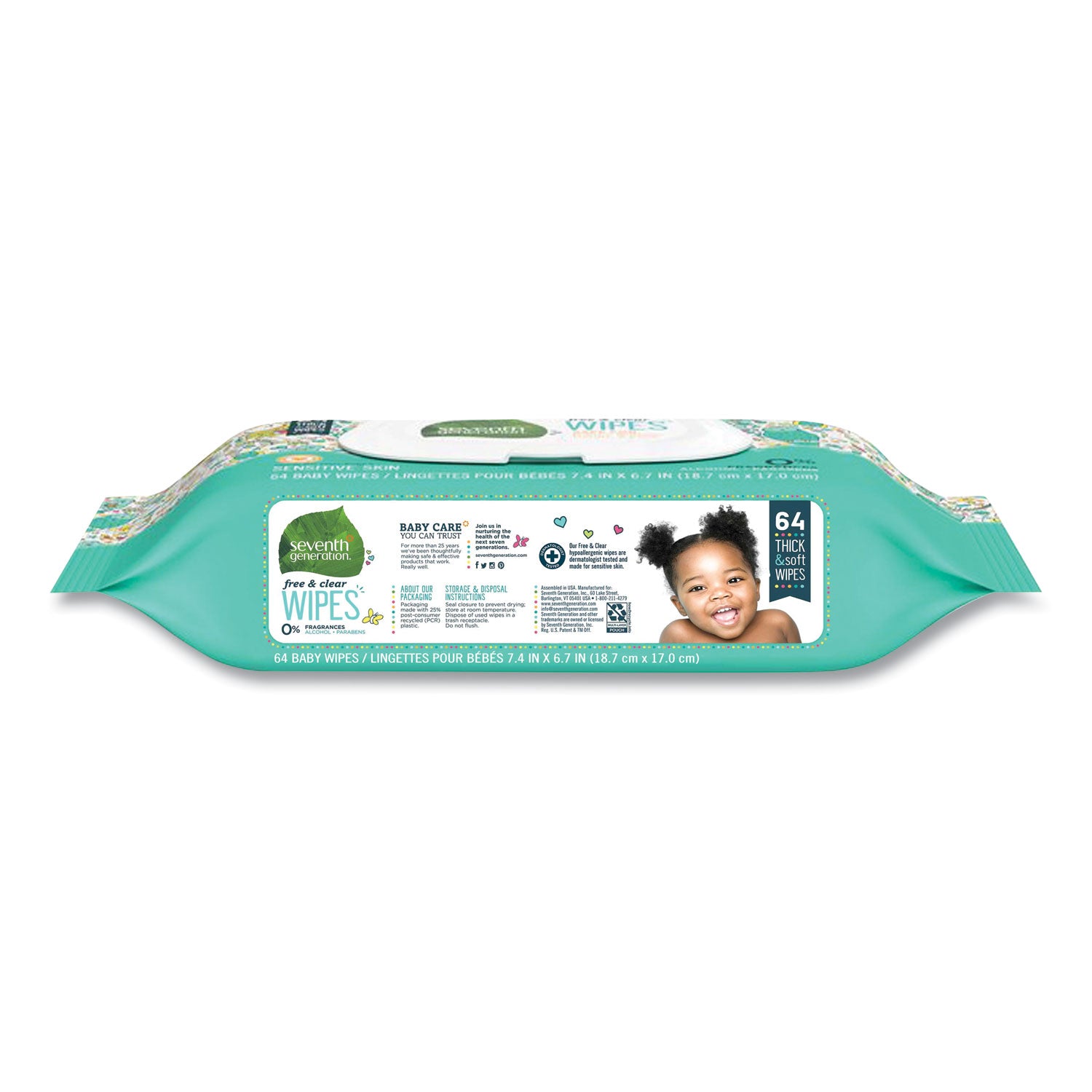 Seventh Generation® Free and Clear Baby Wipes, 7 x 7, Unscented, White, 64/Flip Top Pack, 12 Packs/Carton