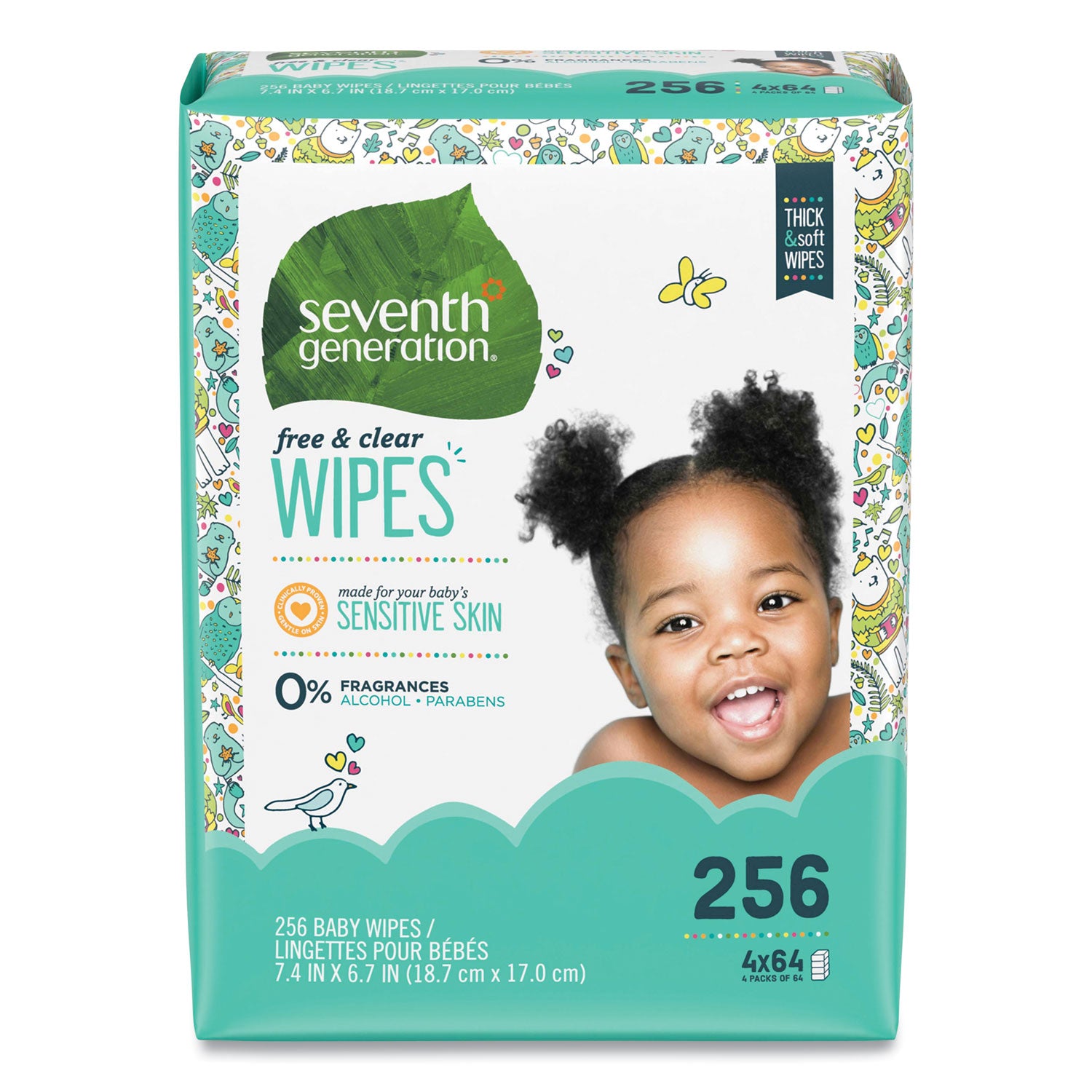 Free and Clear Baby Wipes, Refill, 7 x 7, Unscented, White, 256/Pack