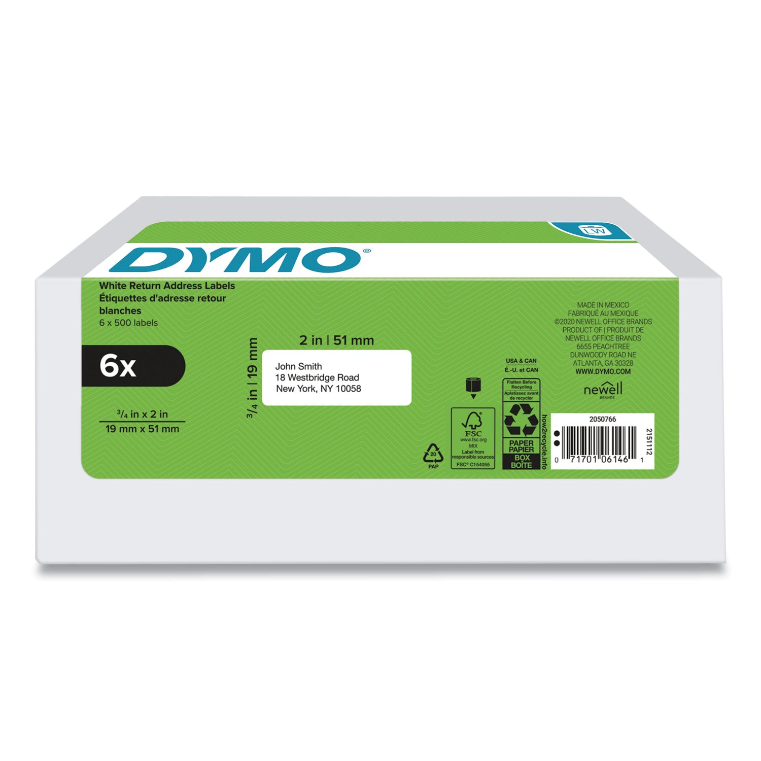 DYMO® LW Address Labels, 0.75" x 2", White, 500 Labels/Roll, 6 Rolls/Pack