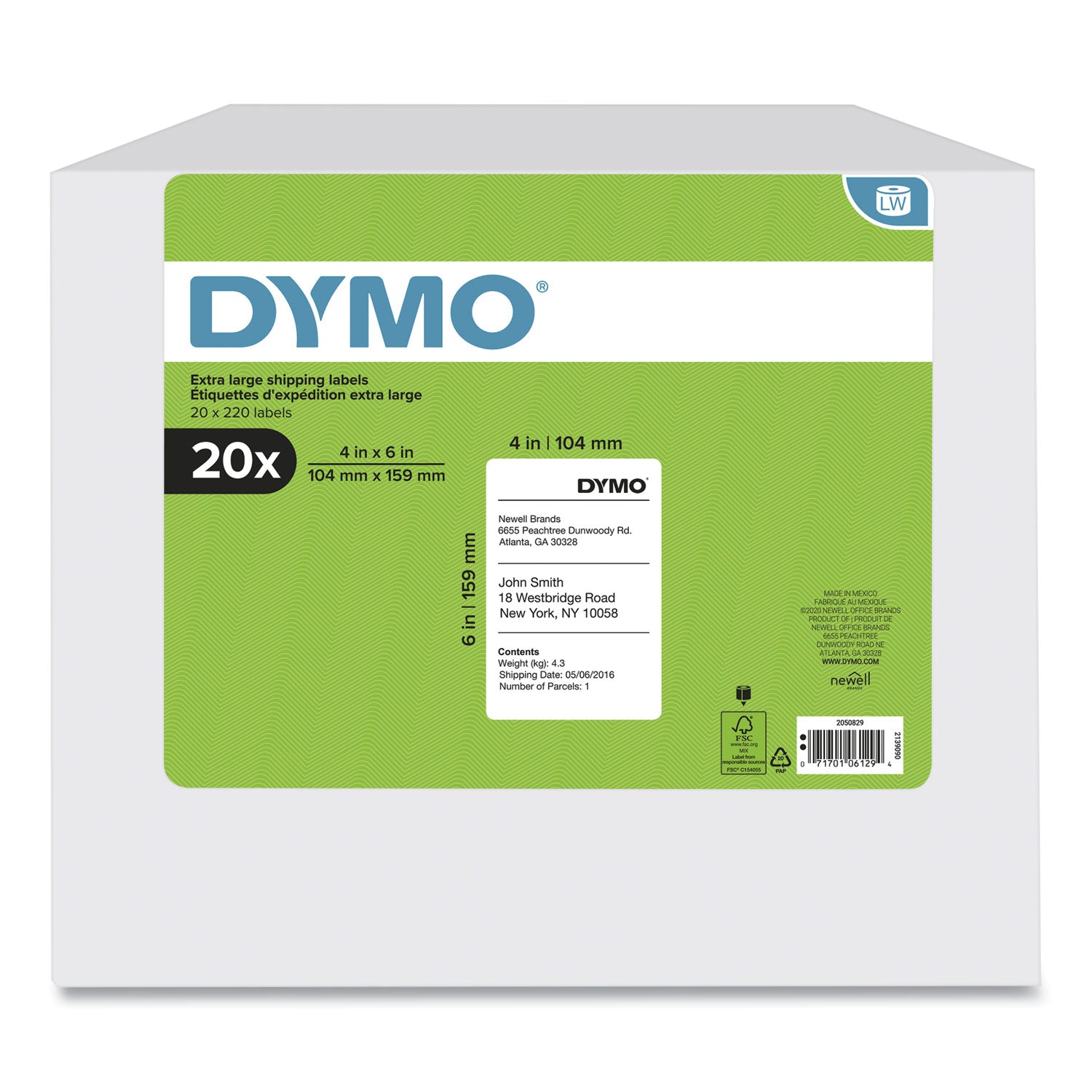 DYMO® LW Extra-Large Shipping Labels, 4" x 6", White, 220 Labels/Roll, 20 Rolls/Box