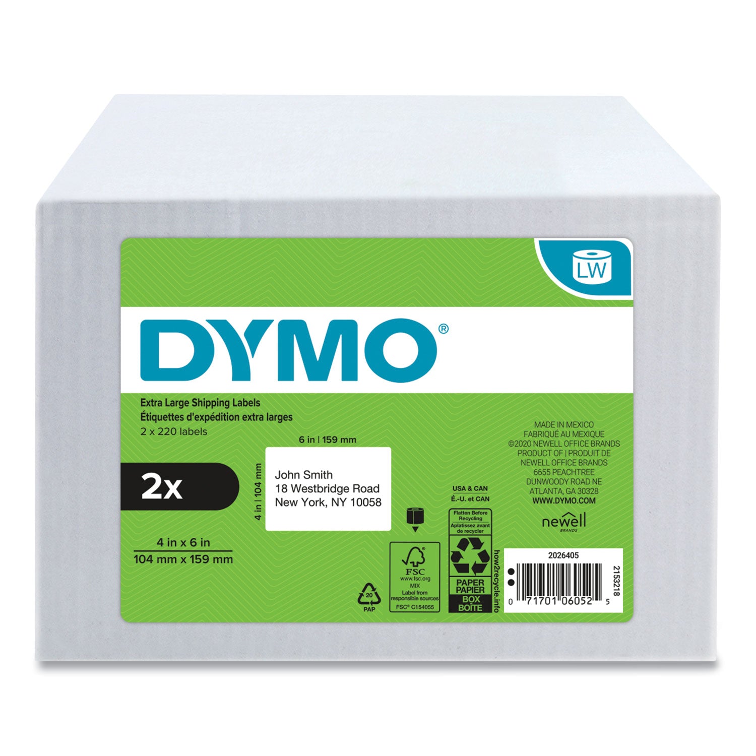 DYMO® LW Extra-Large Shipping Labels, 4" x 6", White, 220 Labels/Roll, 2 Rolls/Pack