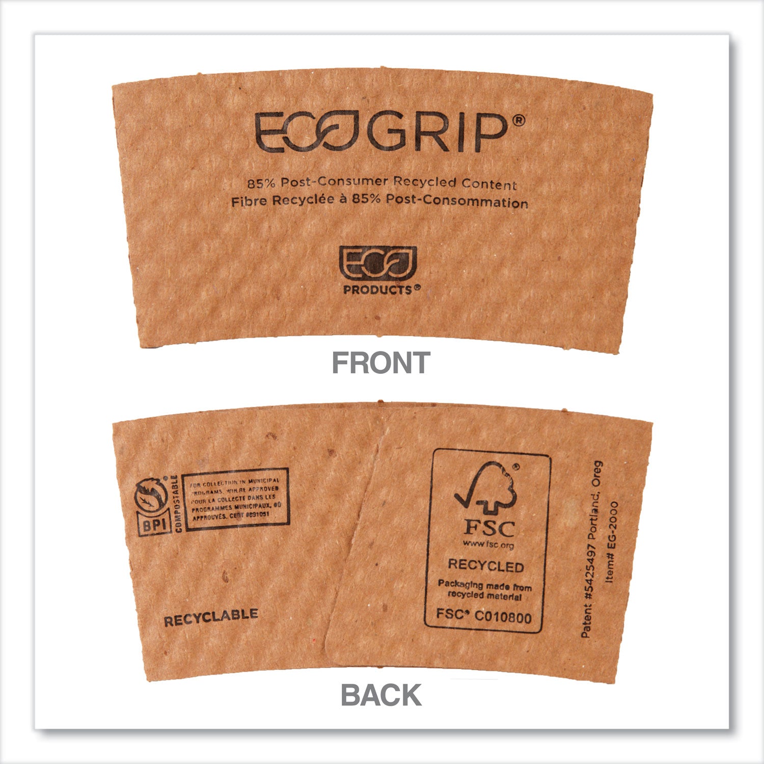 Eco-Products® EcoGrip Hot Cup Sleeves - Renewable and Compostable, Fits 12, 16, 20, 24 oz Cups, Kraft, 1,300/Carton