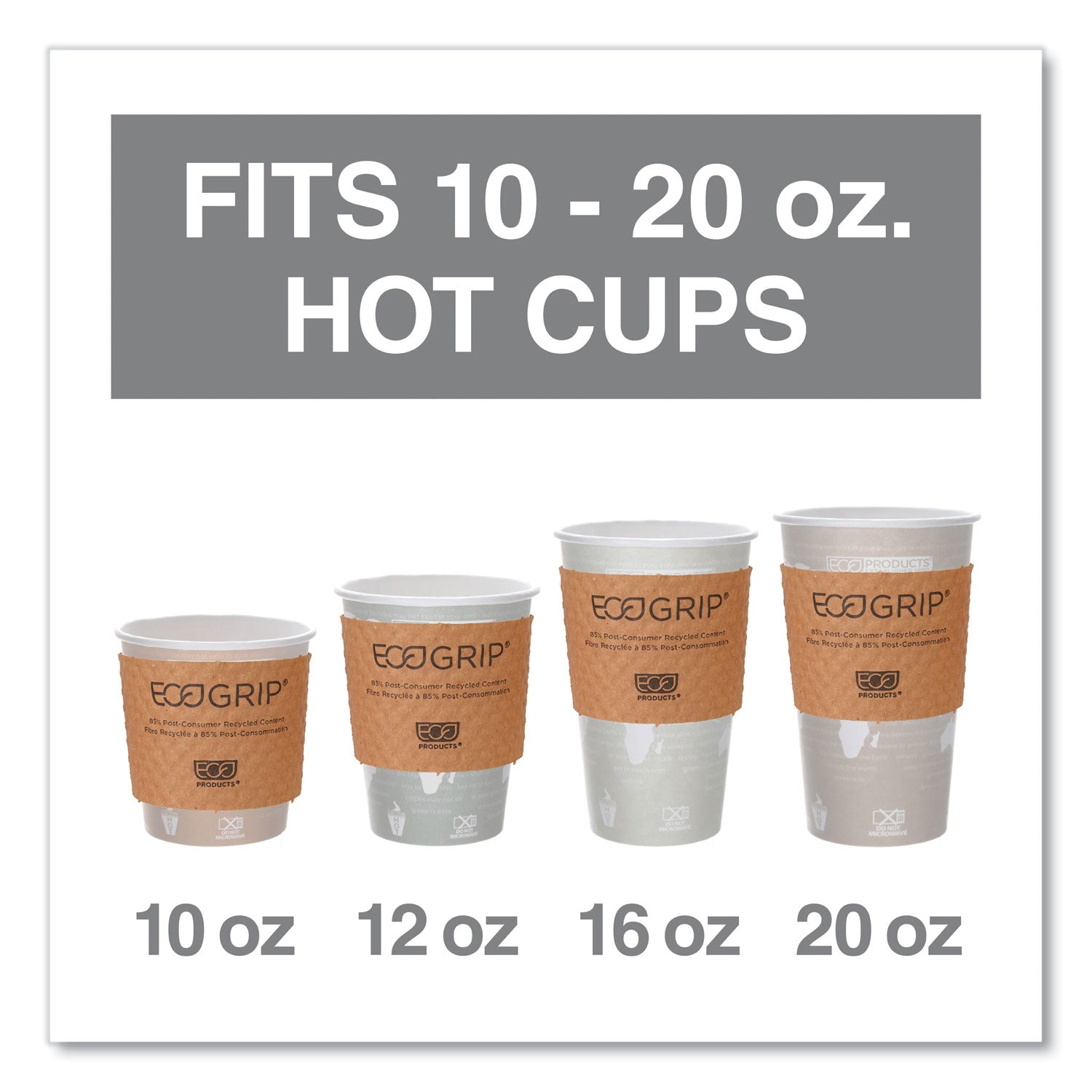 Eco-Products® EcoGrip Hot Cup Sleeves - Renewable and Compostable, Fits 12, 16, 20, 24 oz Cups, Kraft, 1,300/Carton