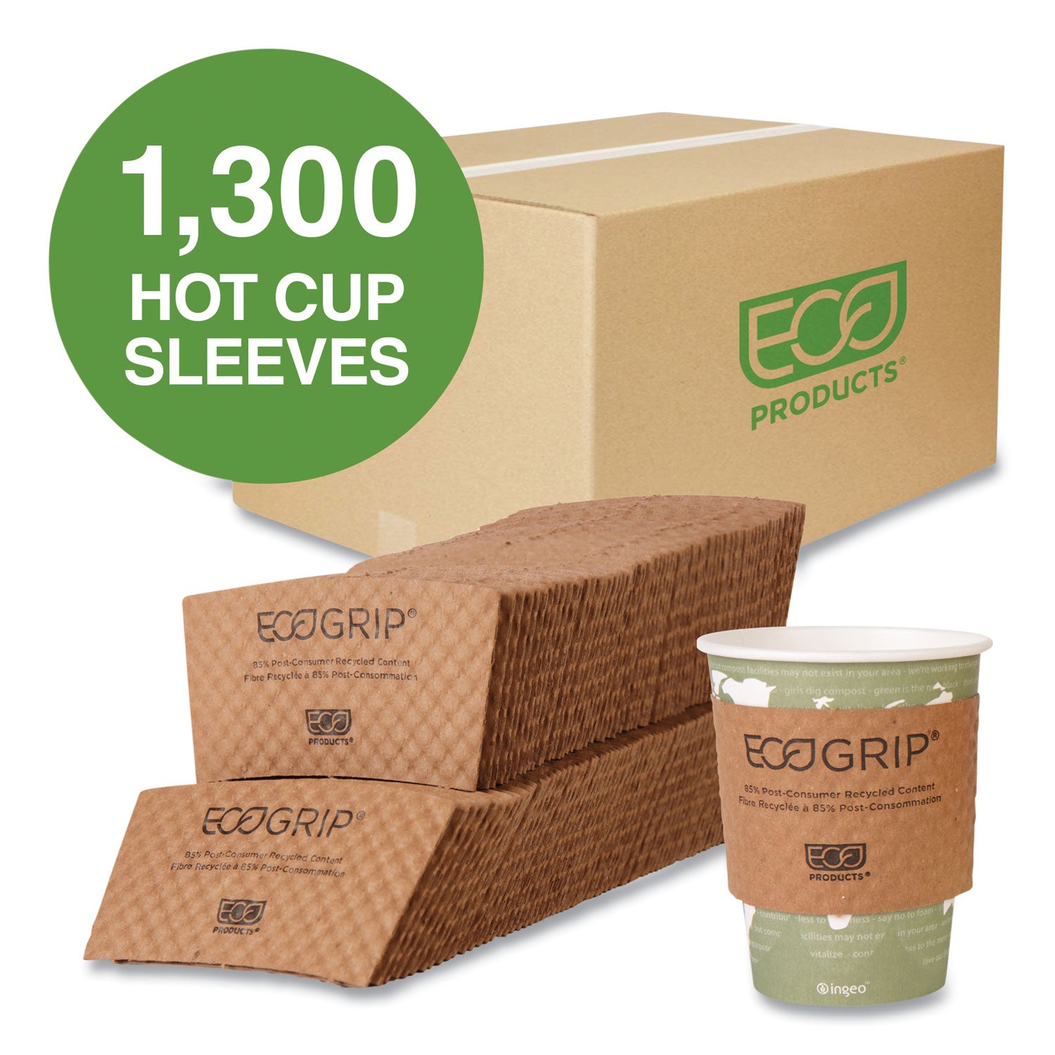 Eco-Products® EcoGrip Hot Cup Sleeves - Renewable and Compostable, Fits 12, 16, 20, 24 oz Cups, Kraft, 1,300/Carton