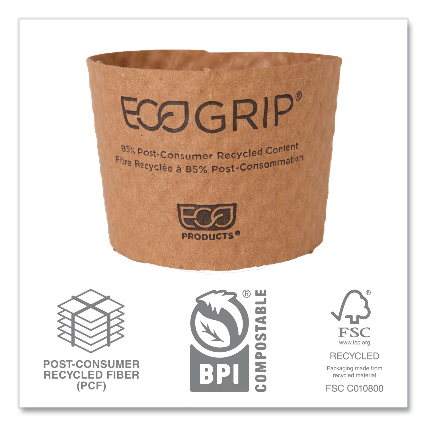 Eco-Products® EcoGrip Hot Cup Sleeves - Renewable and Compostable, Fits 12, 16, 20, 24 oz Cups, Kraft, 1,300/Carton