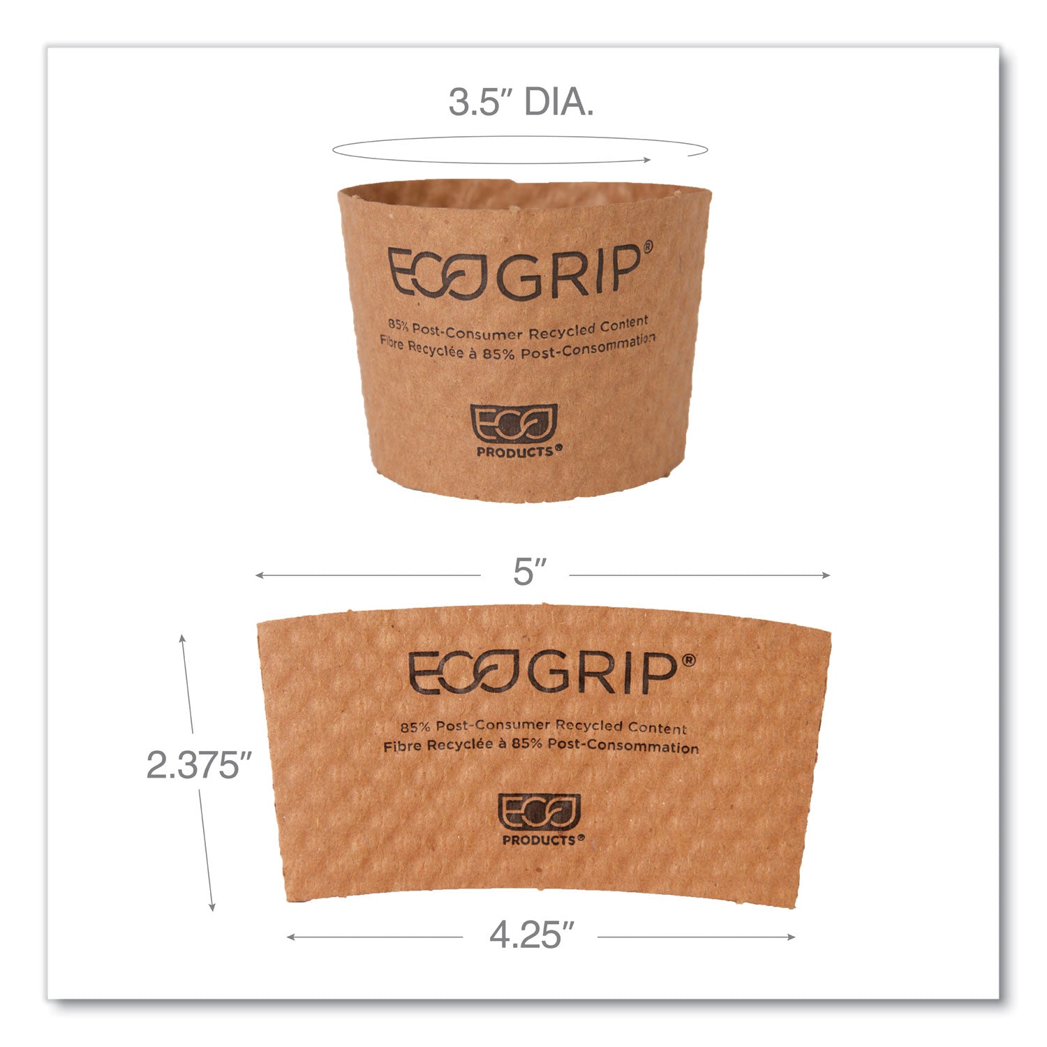 Eco-Products® EcoGrip Hot Cup Sleeves - Renewable and Compostable, Fits 12, 16, 20, 24 oz Cups, Kraft, 1,300/Carton