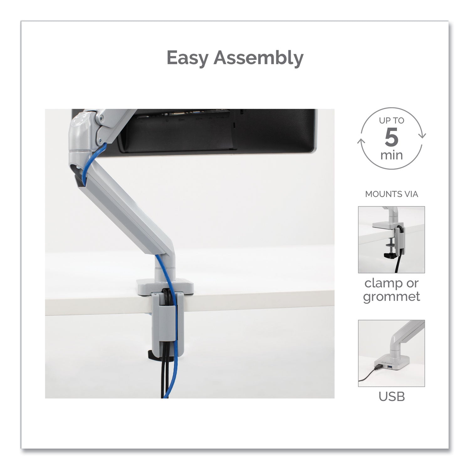 Fellowes® Platinum Series Single Monitor Arm, For 27" Monitors, 360 deg Rotation, 45 deg Tilt, 180 deg Pan, Silver, Supports 20 lb