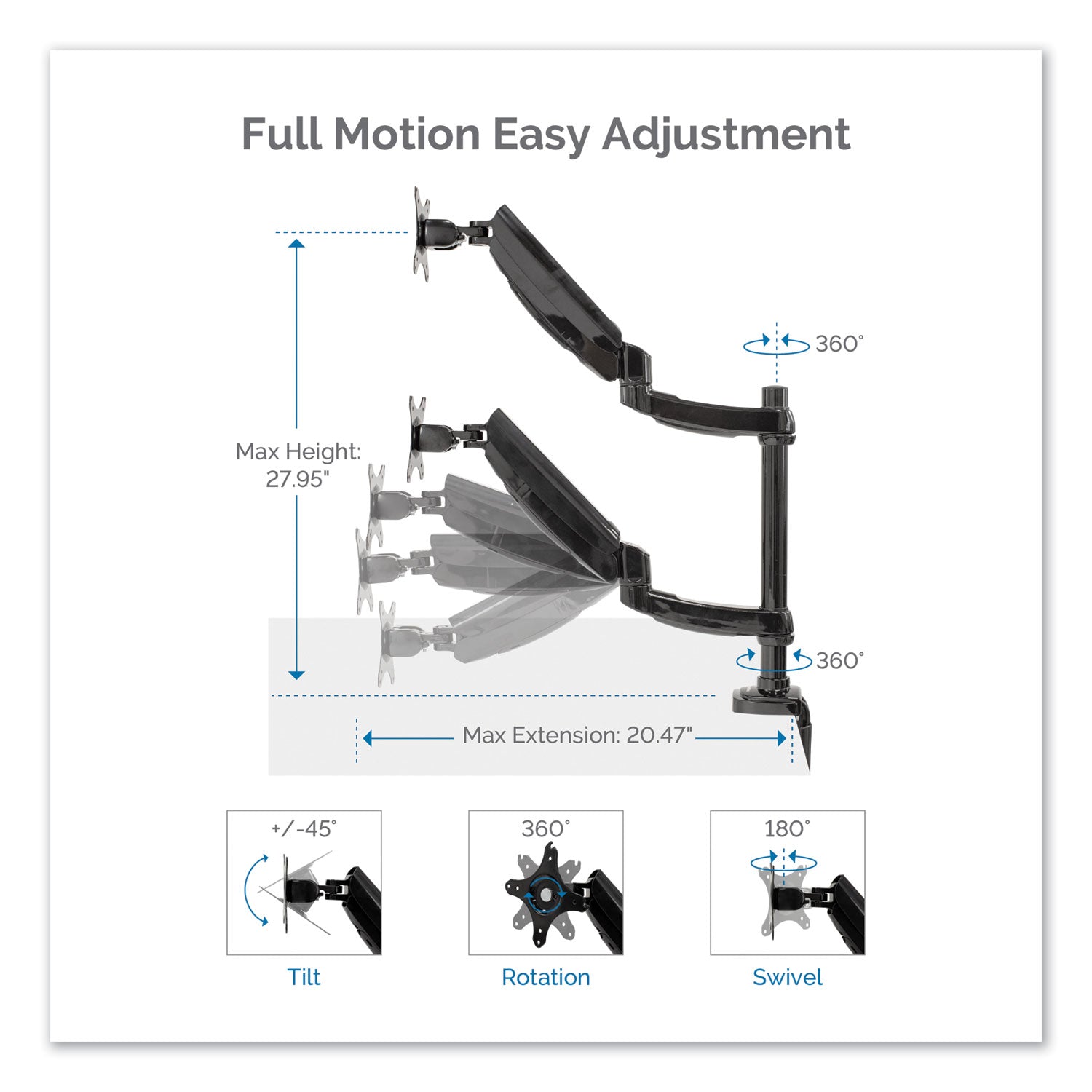 Fellowes® Platinum Series Dual Stacking Arm for 27" Monitors, 360 deg Rotation, 180 deg Tilt, 360 deg Pan, Black, Supports 22 lb