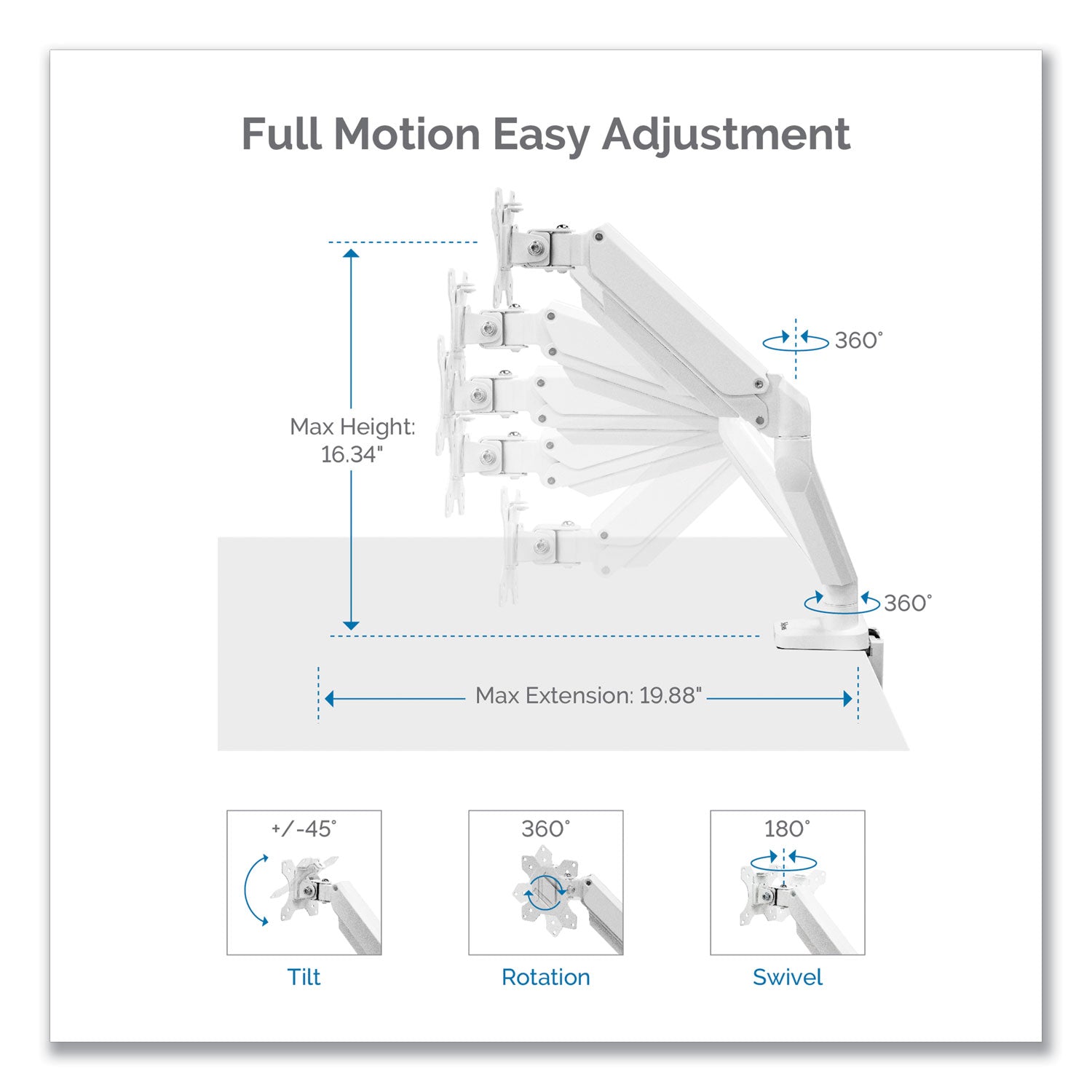 Fellowes® Platinum Series Dual Monitor Arm, For 27" Monitors, 360 deg Rotation, 45 deg Tilt, 180 deg Pan, White, Supports 20 lb