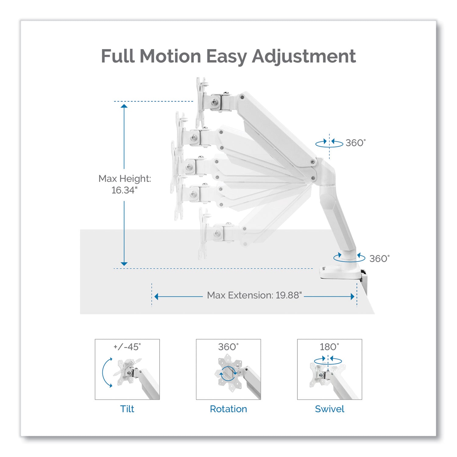 Fellowes® Platinum Series Single Monitor Arm, For 27" Monitors, 360 deg Rotation, 45 deg Tilt, 180 deg Pan, White, Supports 20 lb