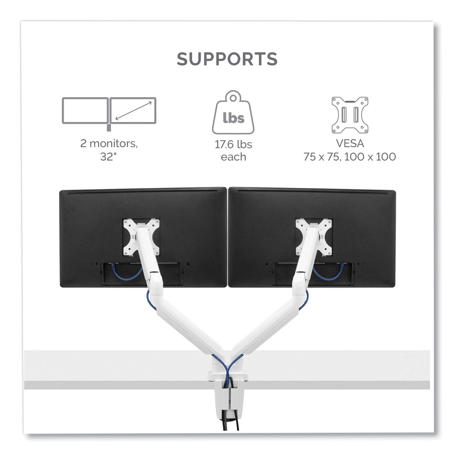 Fellowes® Platinum Series Dual Monitor Arm, For 27" Monitors, 360 deg Rotation, 45 deg Tilt, 180 deg Pan, White, Supports 20 lb