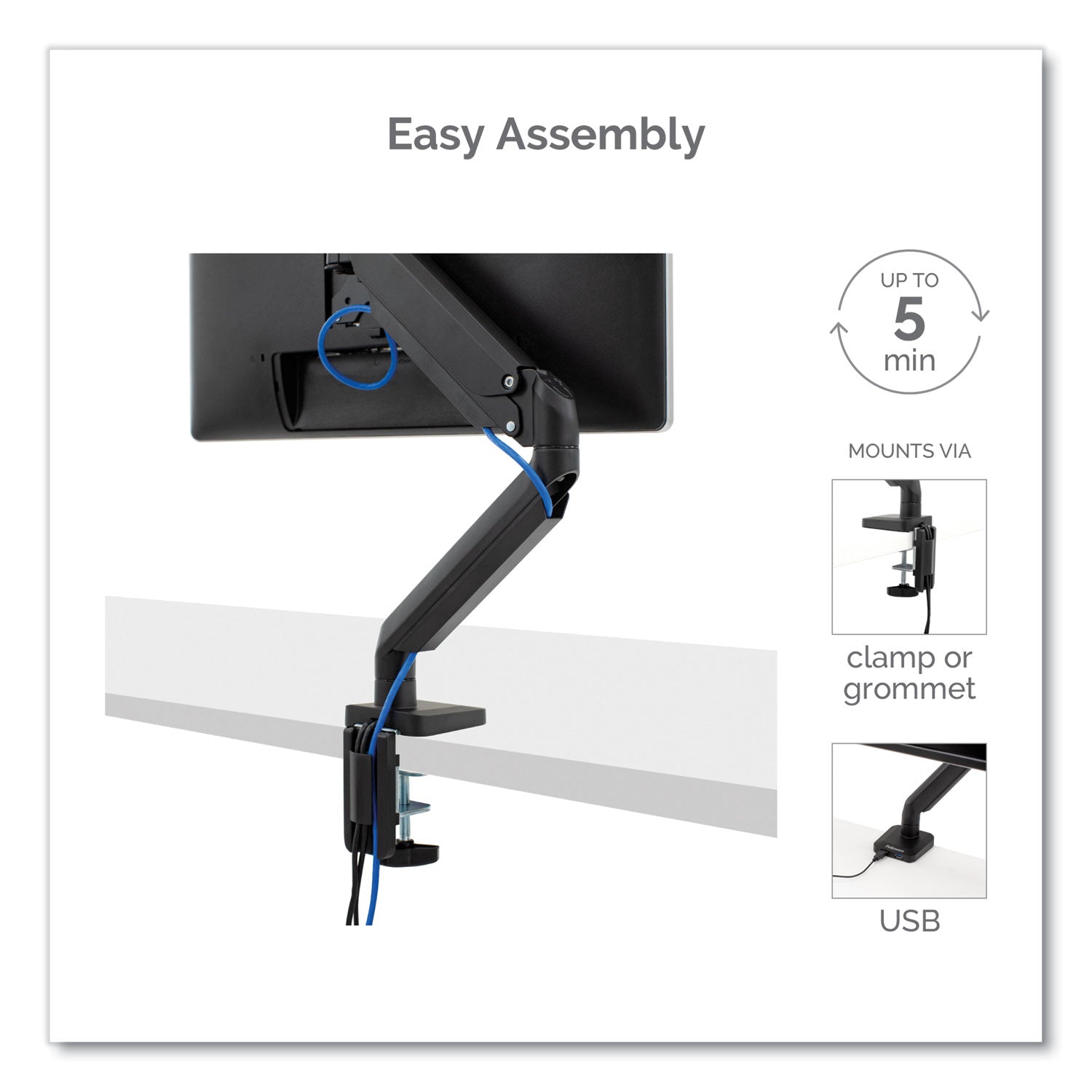 Fellowes® Platinum Series Single Monitor Arm, For 30" Monitors, 360 deg Rotation, 180 deg Tilt, 360 deg Pan, Black, Supports 20 lb