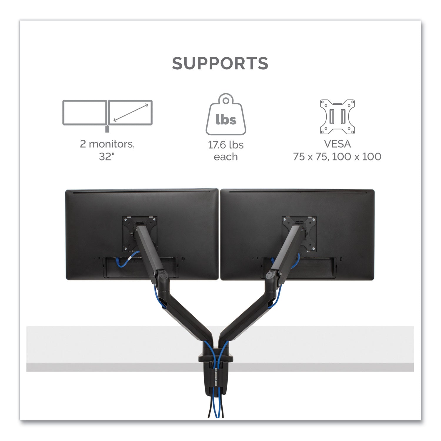 Fellowes® Platinum Series Dual Monitor Arm for 27" Monitors, 360 deg Rotation, +85 deg/-20 deg Tilt, 360 deg Pan, Black, Supports 20 lb