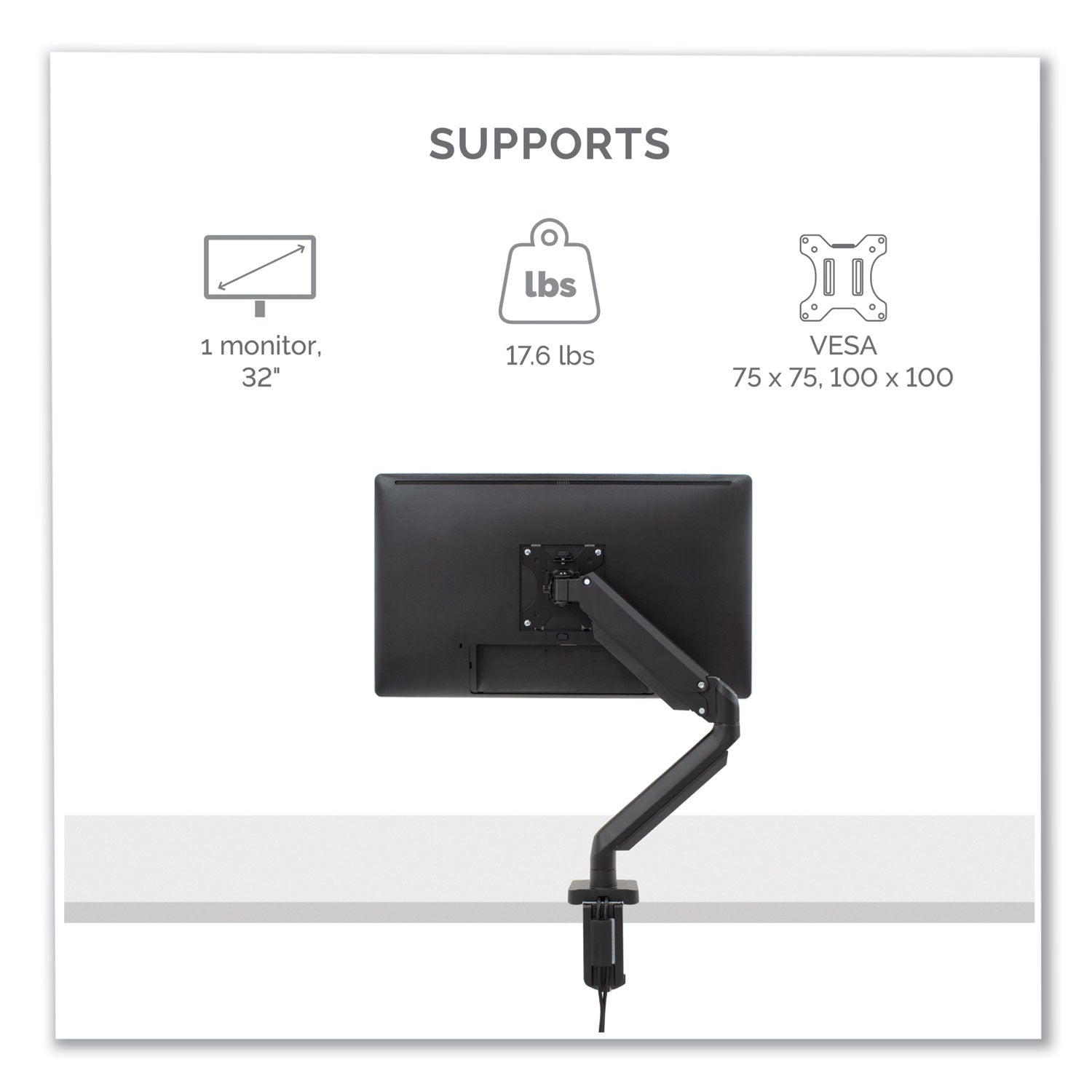 Fellowes® Platinum Series Single Monitor Arm, For 30" Monitors, 360 deg Rotation, 180 deg Tilt, 360 deg Pan, Black, Supports 20 lb