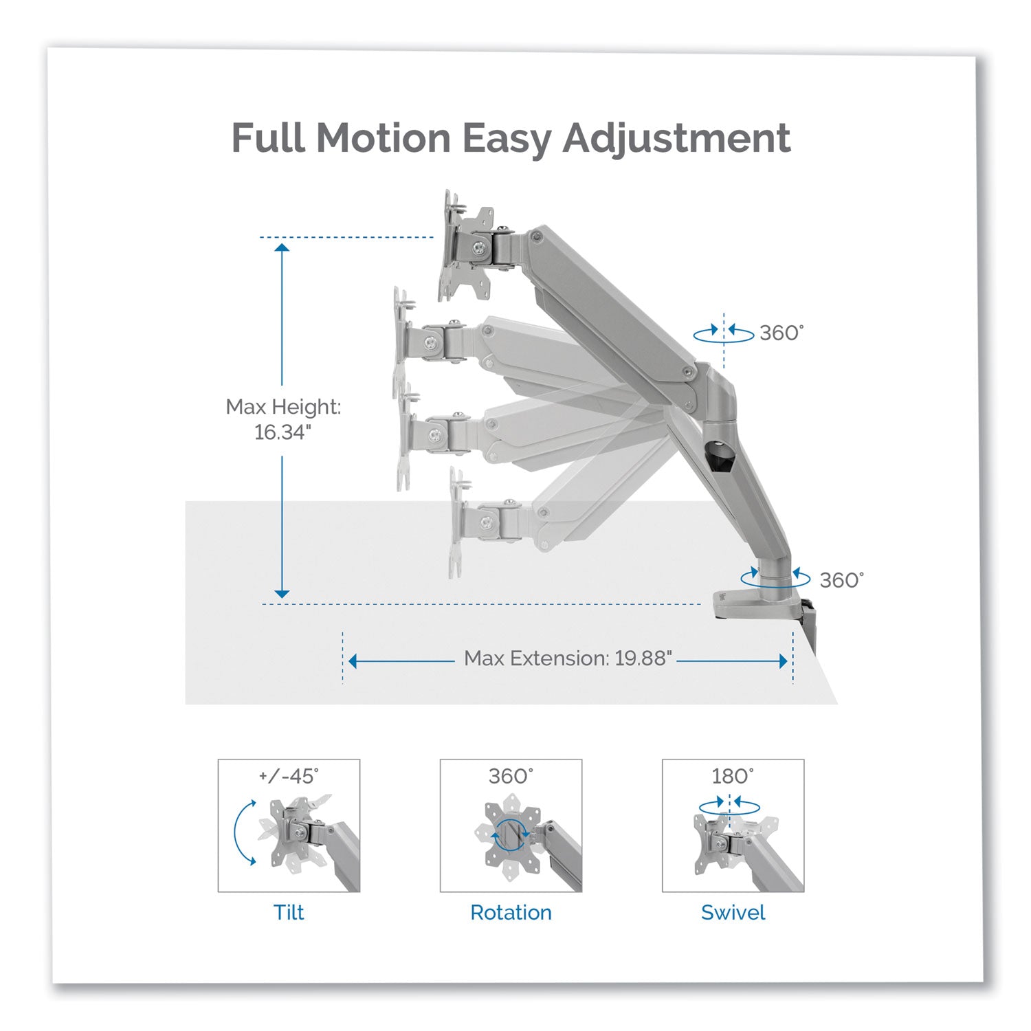 Fellowes® Platinum Series Single Monitor Arm, For 27" Monitors, 360 deg Rotation, 45 deg Tilt, 180 deg Pan, Silver, Supports 20 lb