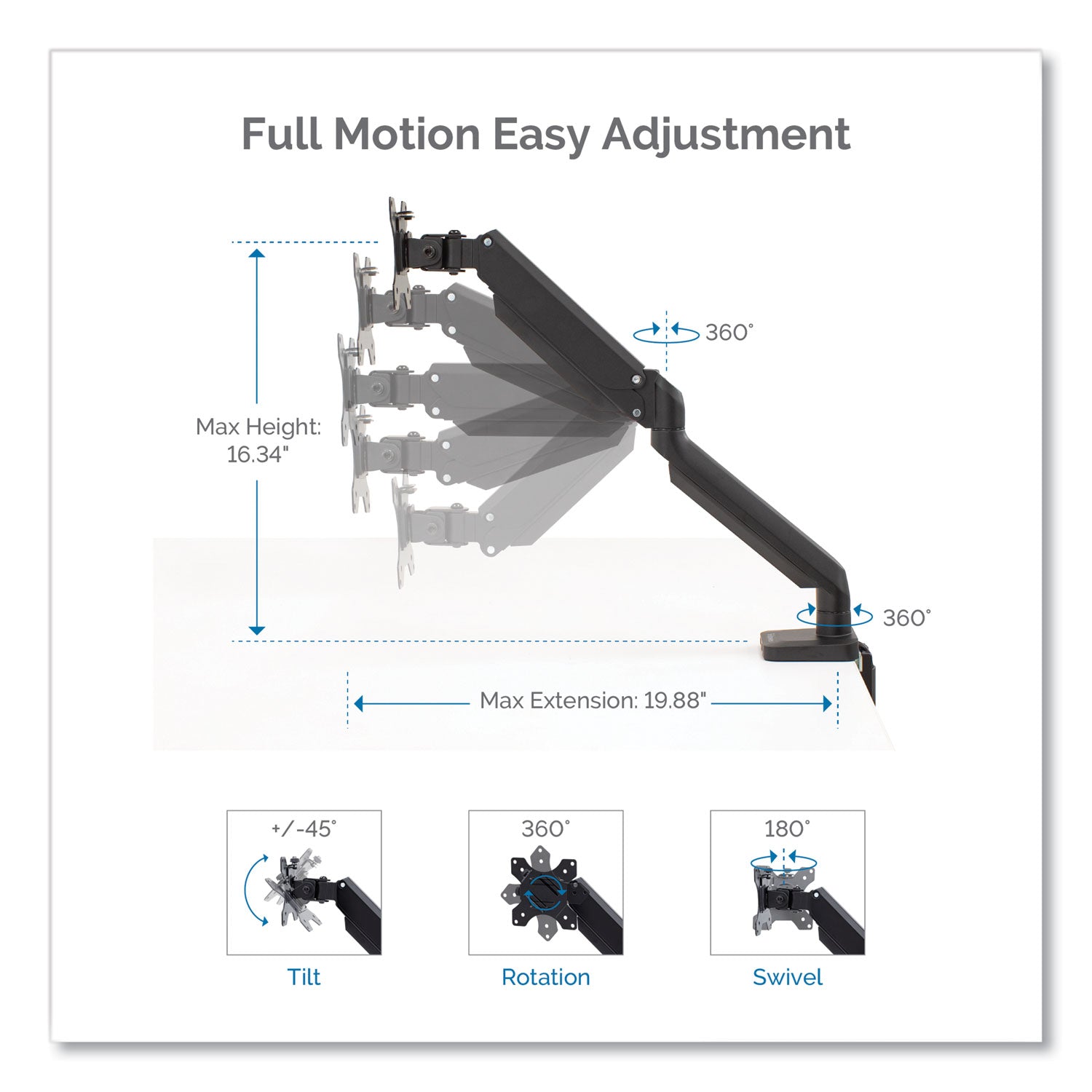 Fellowes® Platinum Series Single Monitor Arm, For 30" Monitors, 360 deg Rotation, 180 deg Tilt, 360 deg Pan, Black, Supports 20 lb