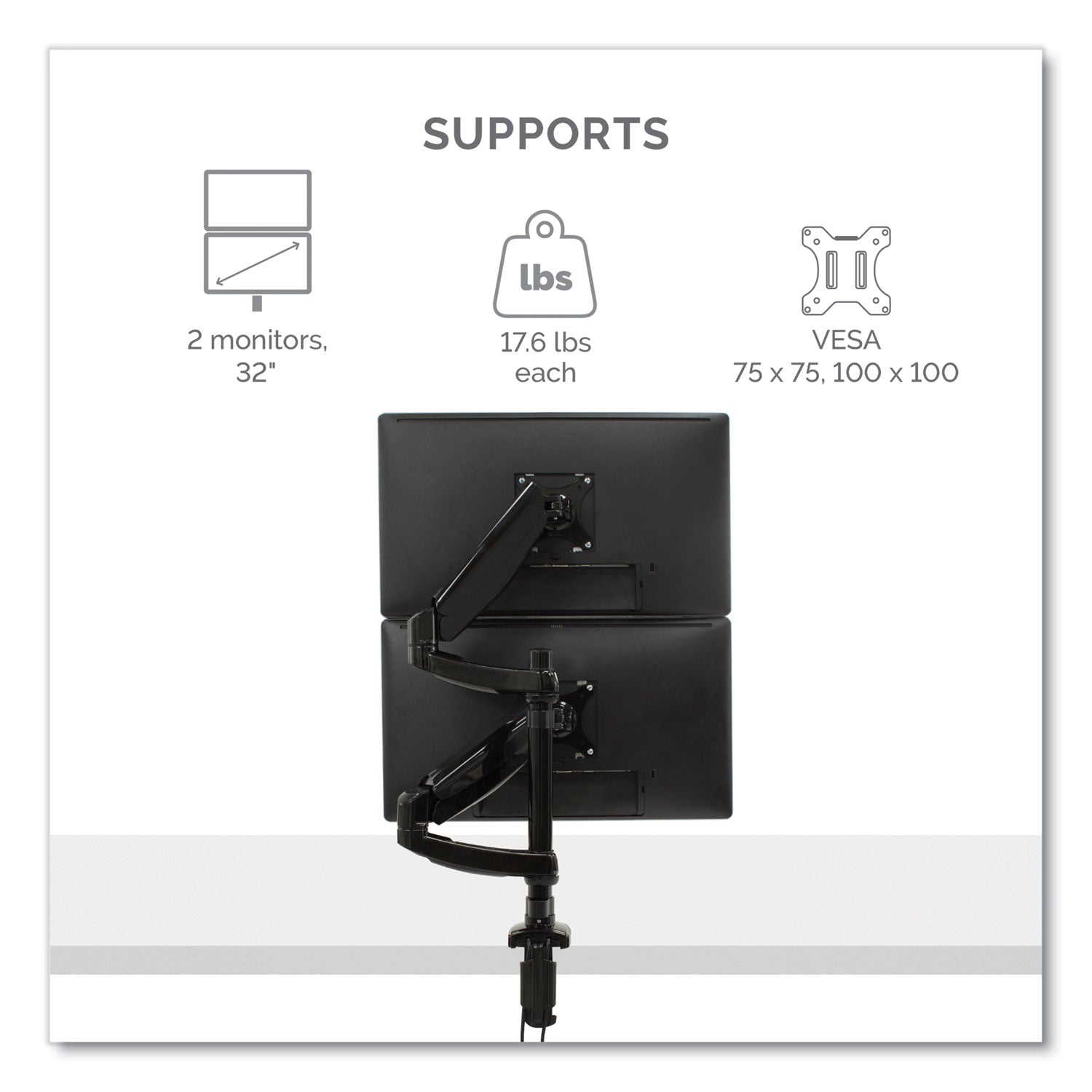 Fellowes® Platinum Series Dual Stacking Arm for 27" Monitors, 360 deg Rotation, 180 deg Tilt, 360 deg Pan, Black, Supports 22 lb