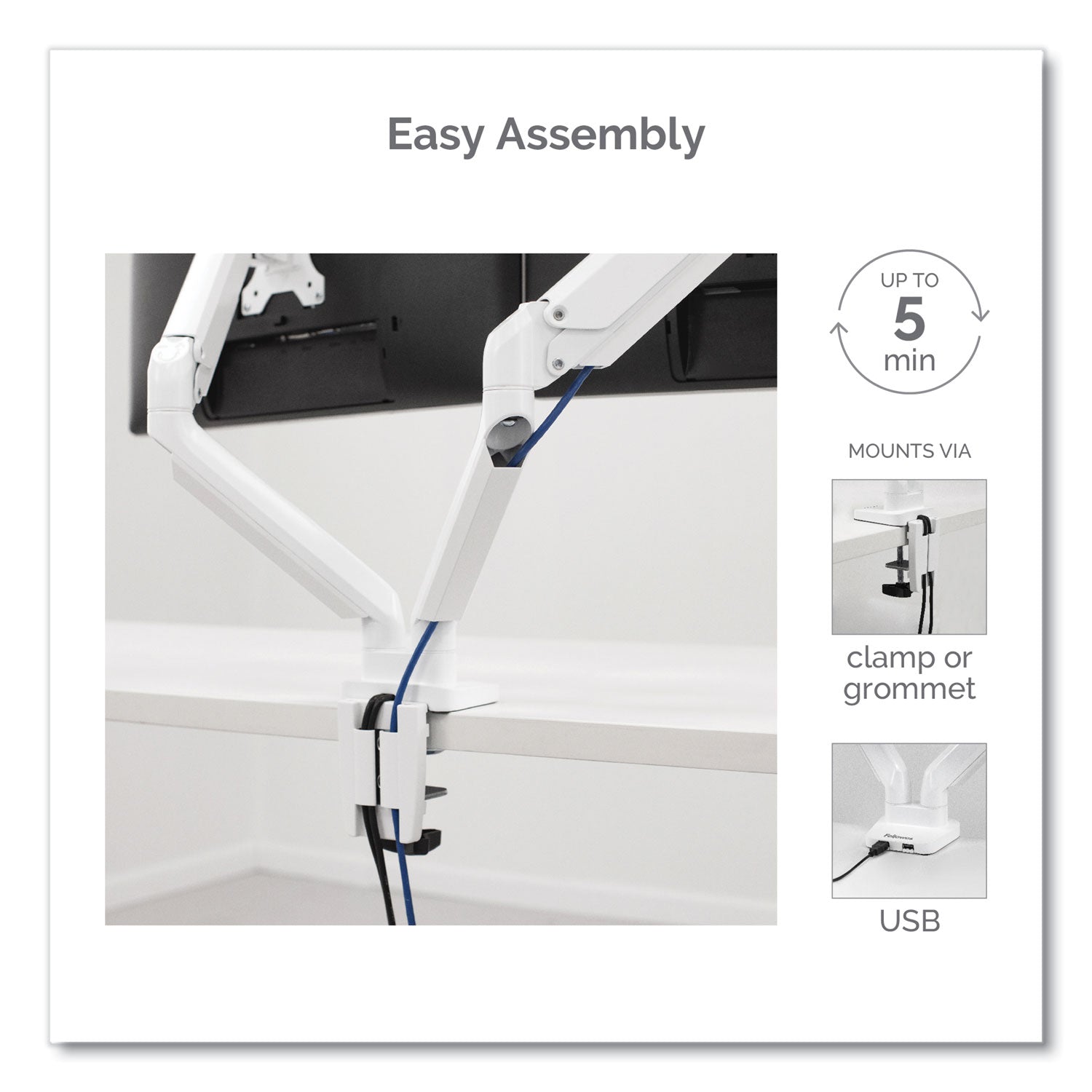 Fellowes® Platinum Series Dual Monitor Arm, For 27" Monitors, 360 deg Rotation, 45 deg Tilt, 180 deg Pan, White, Supports 20 lb