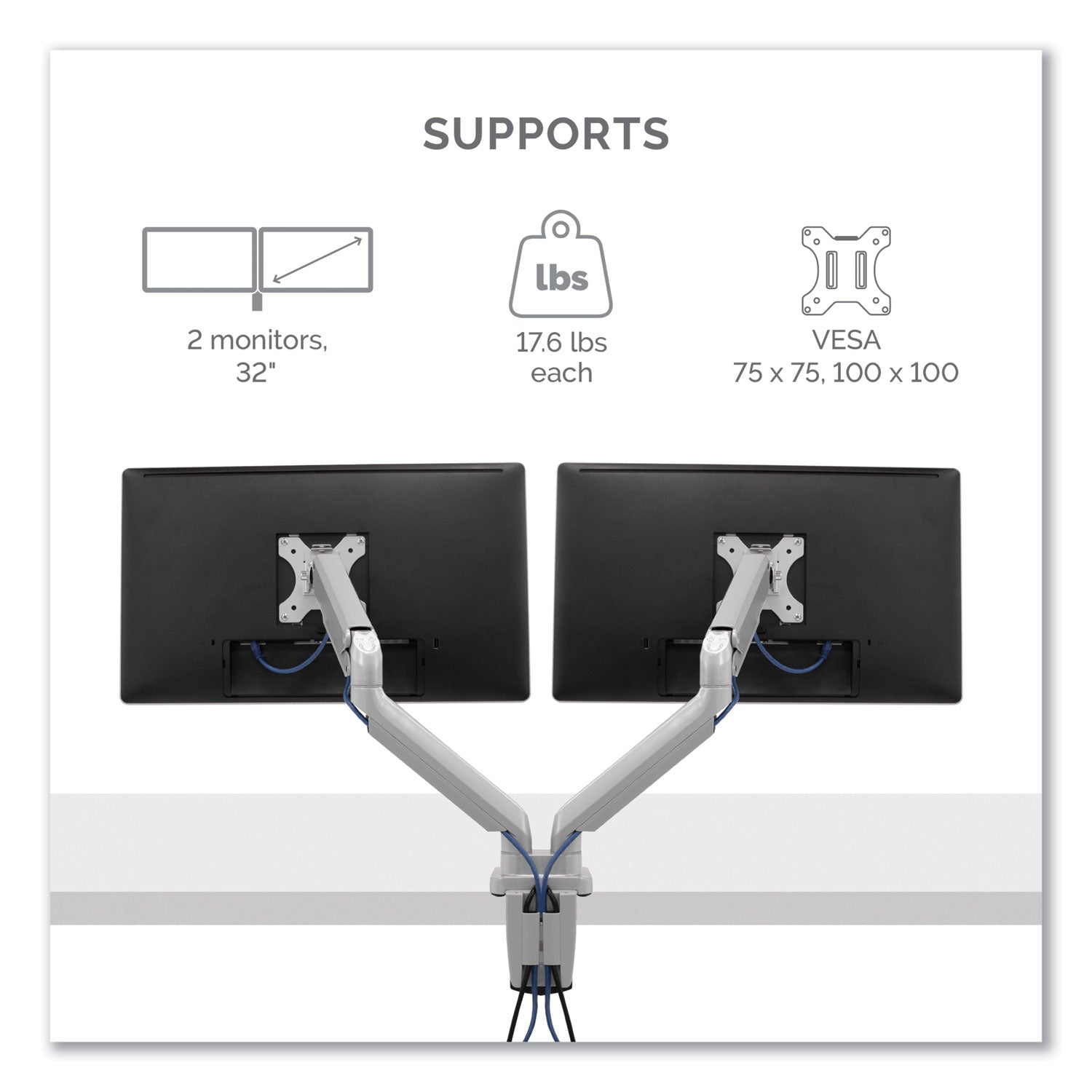 Fellowes® Platinum Series Dual Monitor Arm, For 27" Monitors, 360 deg Rotation, 45 deg Tilt, 180 deg Pan, Silver, Supports 20 lb