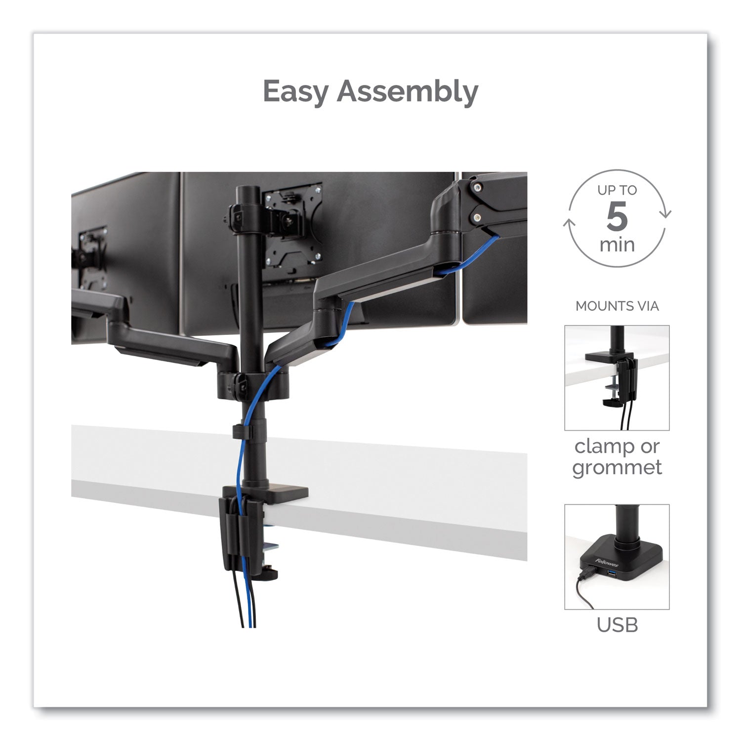 Fellowes® Platinum Series Triple Monitor Arm for 27" Monitors, 360 deg Rotation, +85/-20 deg Tilt, 360 deg Pan, Black, Supports 20 lb