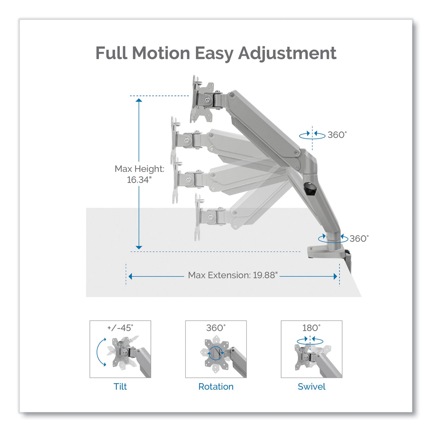 Fellowes® Platinum Series Dual Monitor Arm, For 27" Monitors, 360 deg Rotation, 45 deg Tilt, 180 deg Pan, Silver, Supports 20 lb