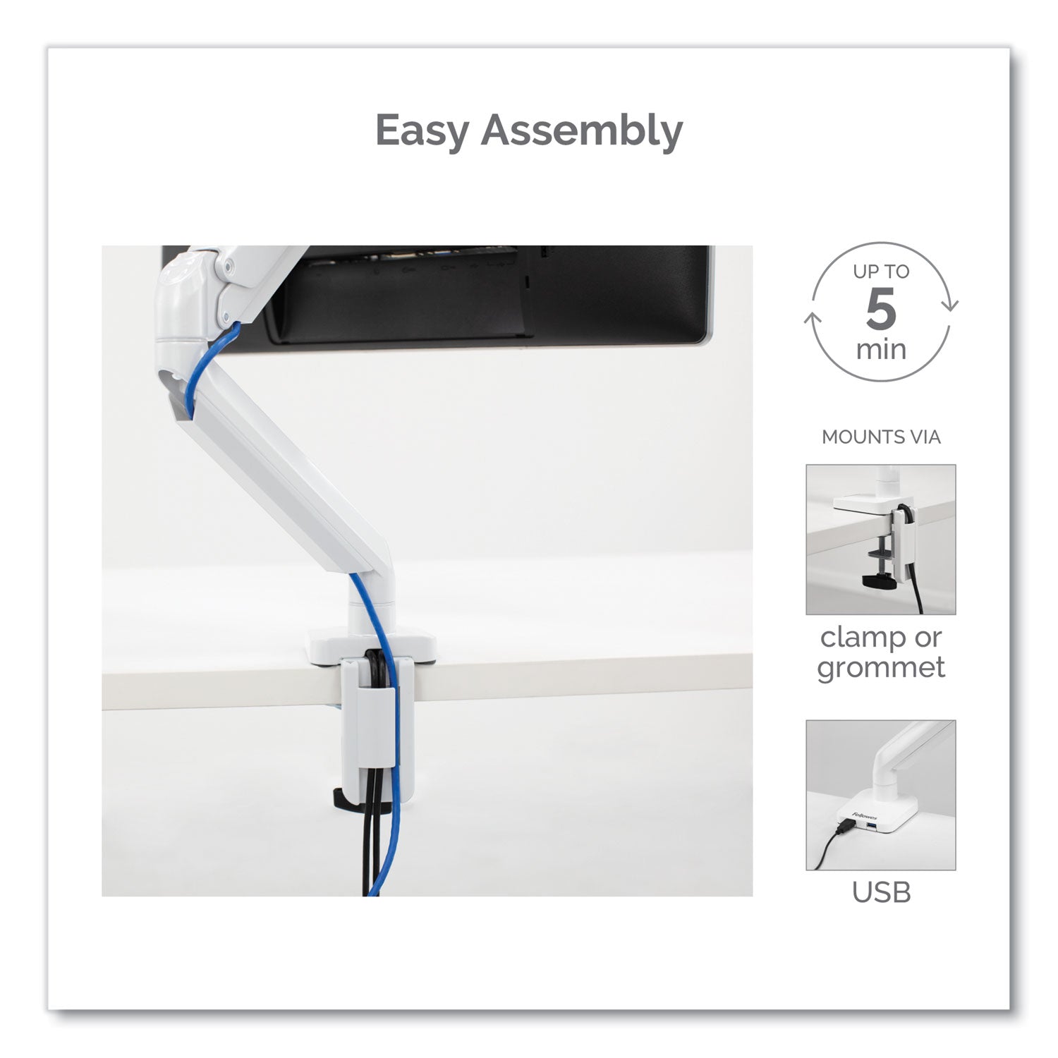 Fellowes® Platinum Series Single Monitor Arm, For 27" Monitors, 360 deg Rotation, 45 deg Tilt, 180 deg Pan, White, Supports 20 lb