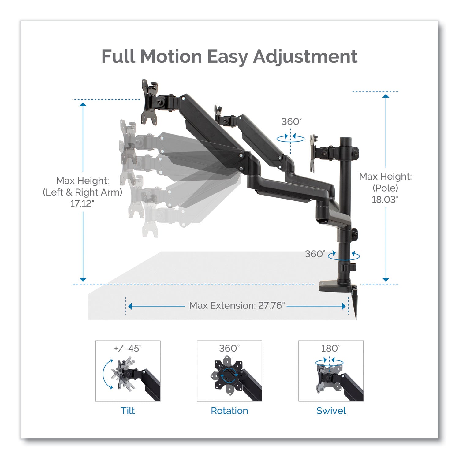 Fellowes® Platinum Series Triple Monitor Arm for 27" Monitors, 360 deg Rotation, +85/-20 deg Tilt, 360 deg Pan, Black, Supports 20 lb