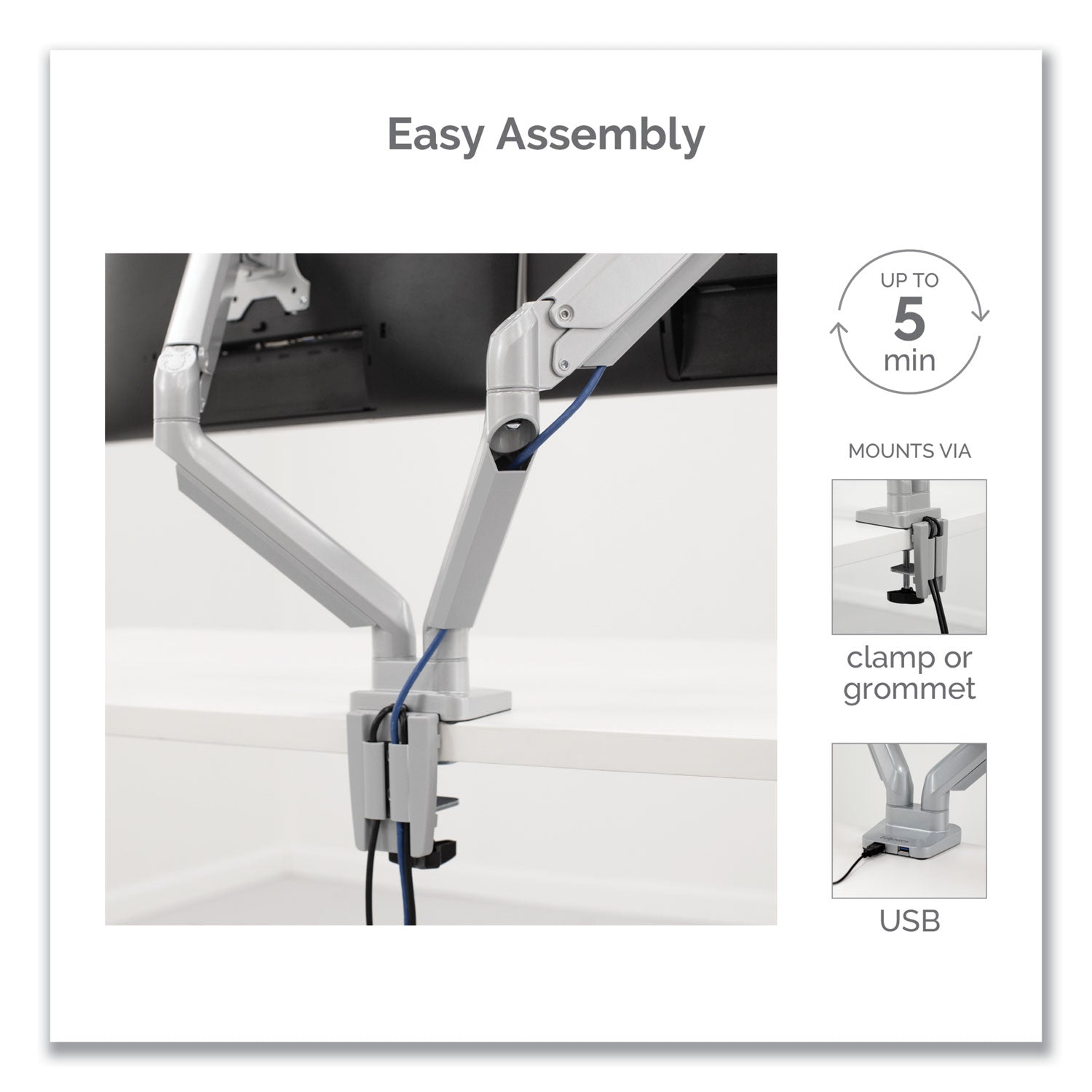 Fellowes® Platinum Series Dual Monitor Arm, For 27" Monitors, 360 deg Rotation, 45 deg Tilt, 180 deg Pan, Silver, Supports 20 lb