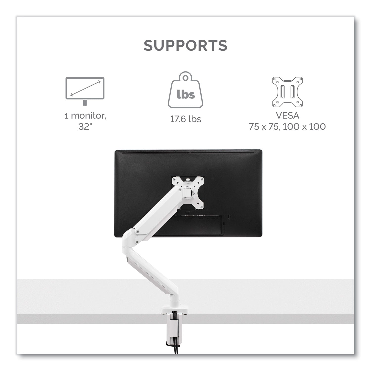 Fellowes® Platinum Series Single Monitor Arm, For 27" Monitors, 360 deg Rotation, 45 deg Tilt, 180 deg Pan, White, Supports 20 lb