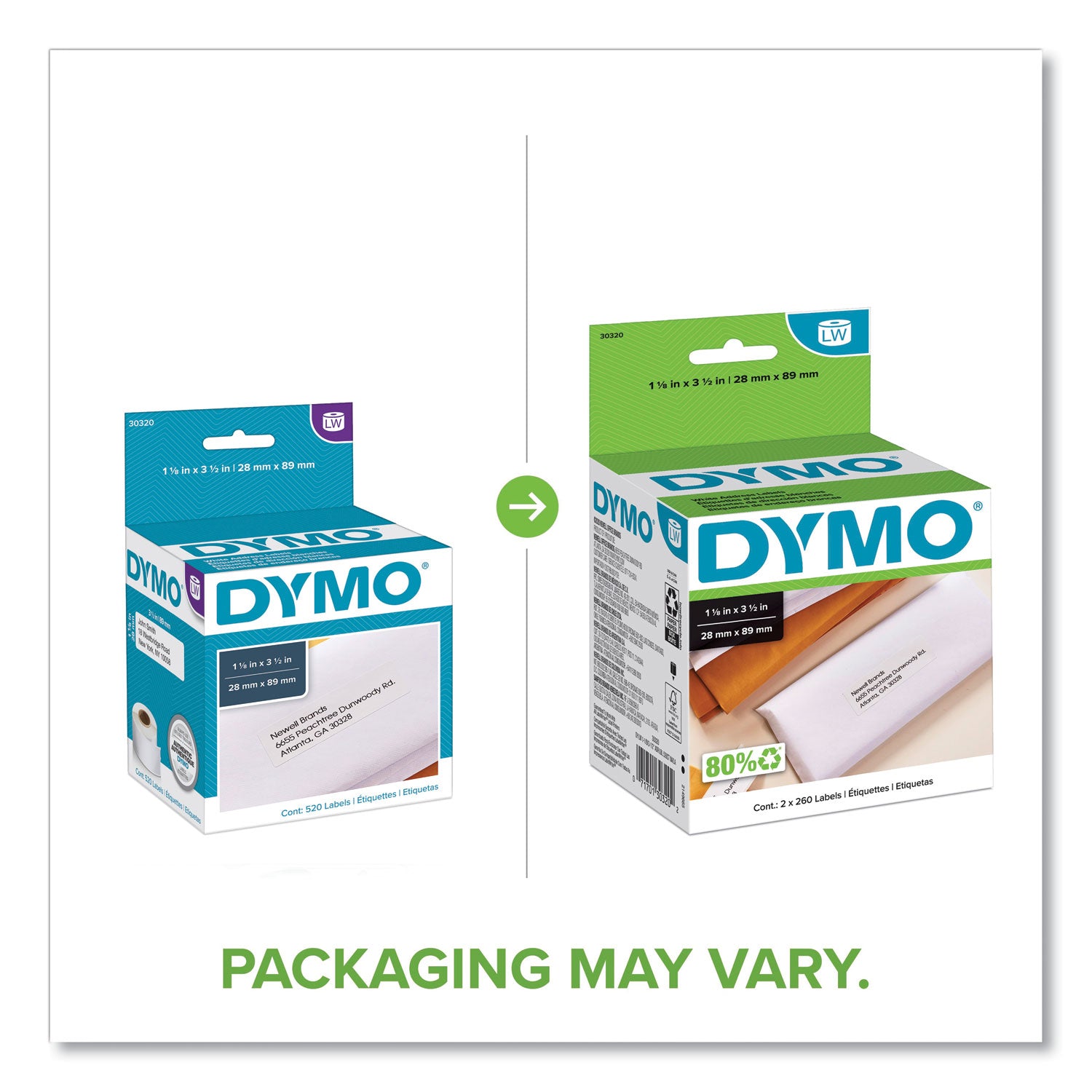 DYMO® LabelWriter Address Labels, 1.12" x 3.5", White, 260 Labels/Roll, 2 Rolls/Pack