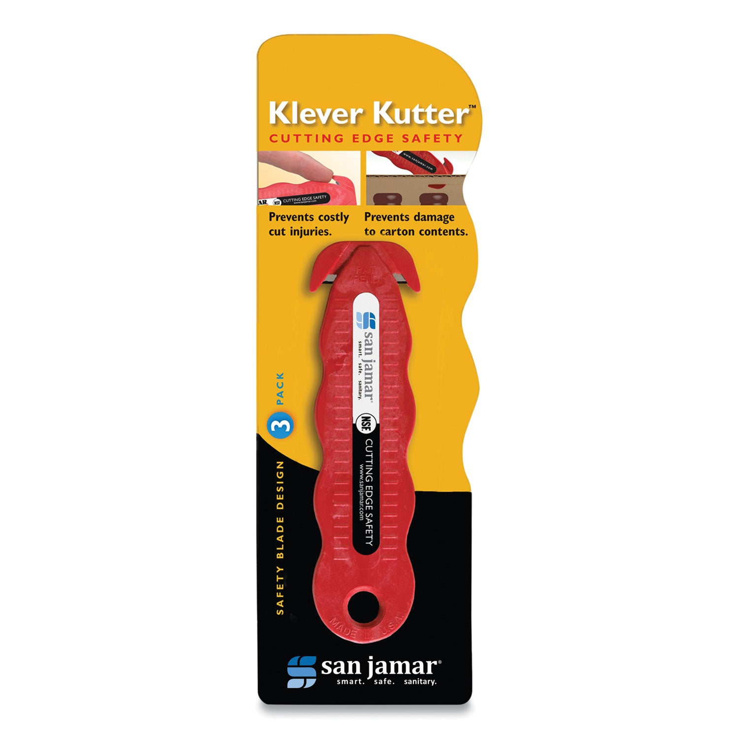 San Jamar® Klever Kutter Safety Cutter, 3 Razor Blades, 1" Blade, 4" Plastic Handle, Red